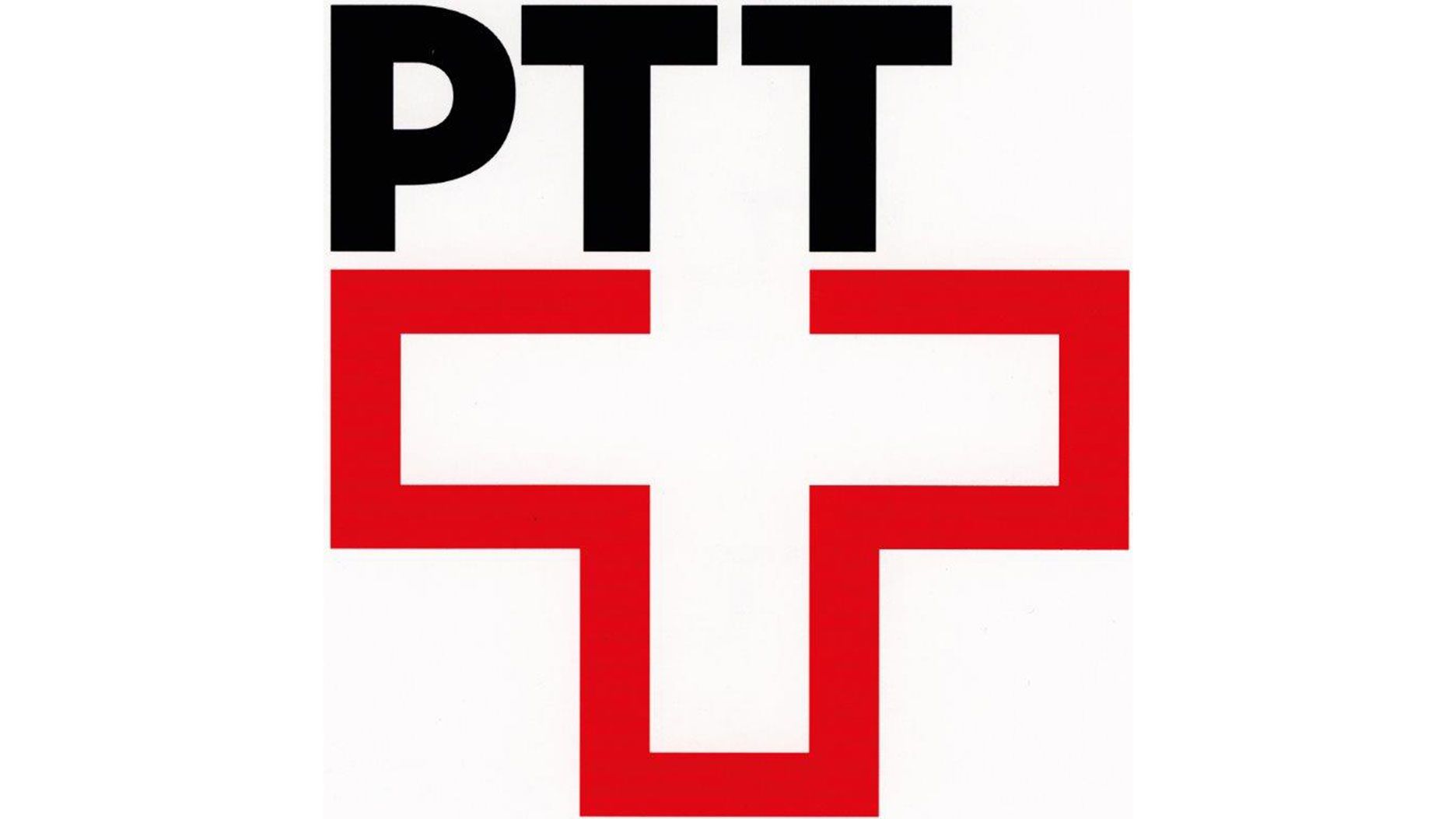 Un emblème graphique affiche en haut les lettres noires « PTT ». En dessous apparaît une grande croix composée d’un contour rouge épais avec un intérieur blanc. L’ensemble présente des formes géométriques nettes sur un fond blanc.