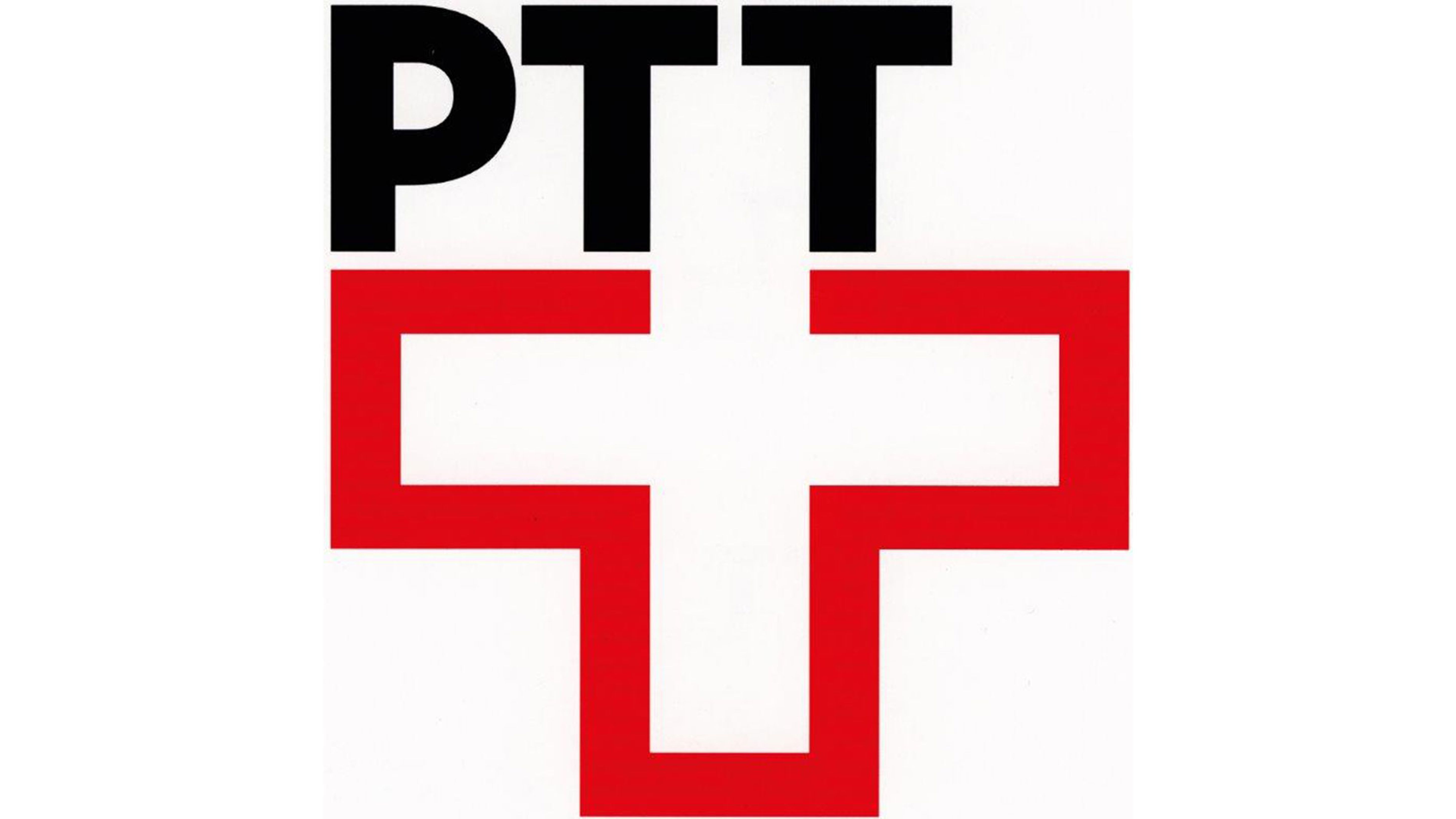 Un emblème graphique affiche en haut les lettres noires « PTT ». En dessous apparaît une grande croix composée d’un contour rouge épais avec un intérieur blanc. L’ensemble présente des formes géométriques nettes sur un fond blanc.