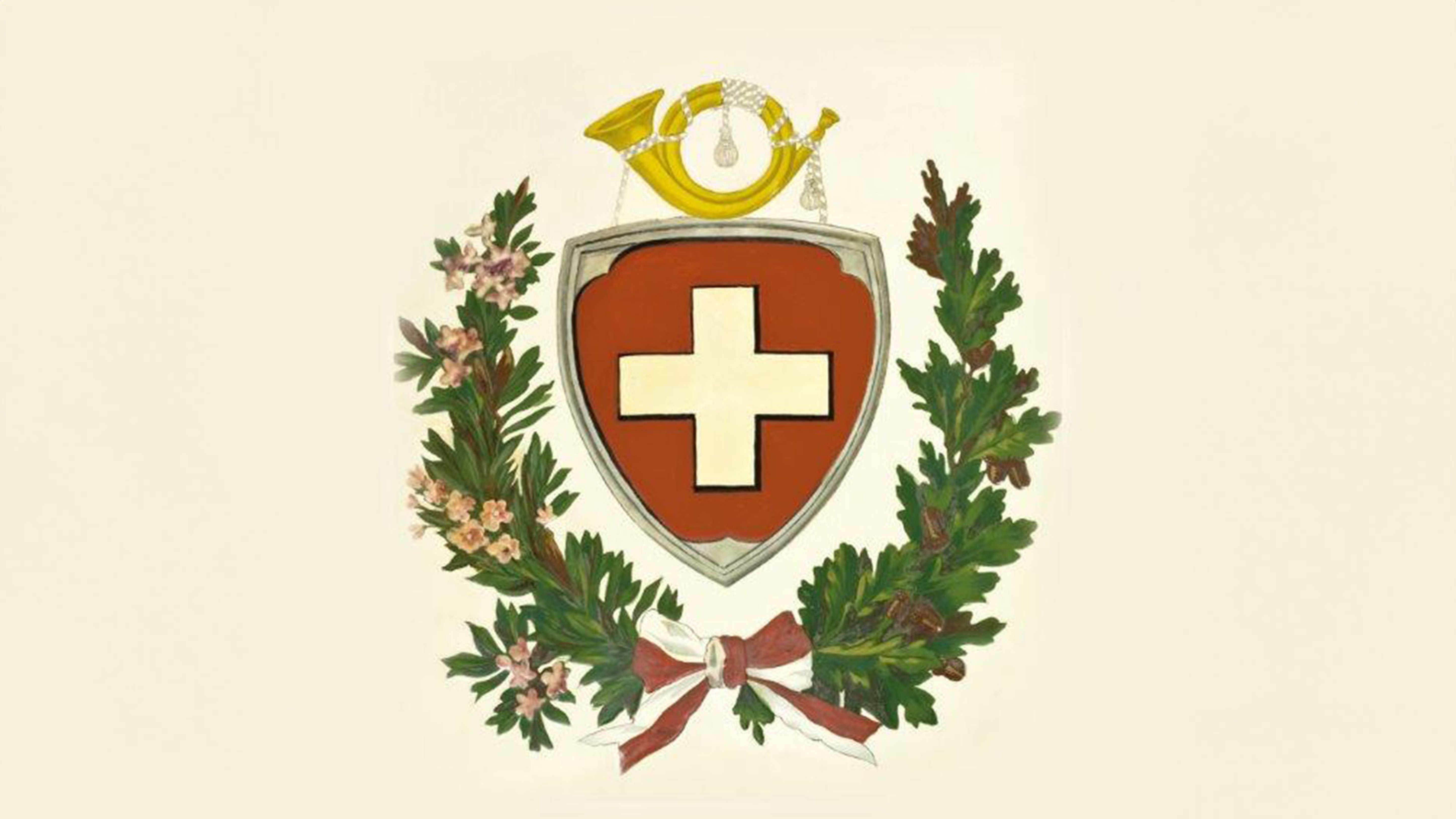 Un emblème illustré représente un écu rouge avec une croix blanche en son centre. Au‑dessus de l’écu se trouve un cor postal jaune muni d’une lanière. L’ensemble est encadré de branches vertes avec des accents bruns et roses, reliées en bas par un nœud rouge et blanc.