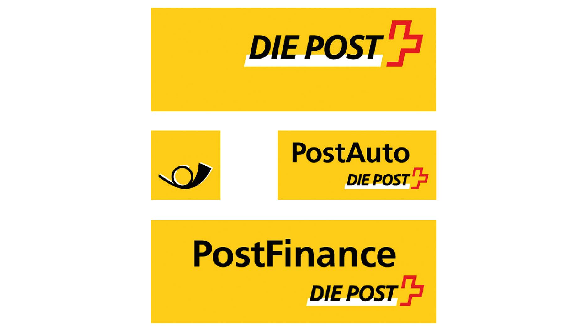 L’image présente plusieurs rectangles jaunes avec différentes inscriptions. En haut figure « DIE POST » en lettres noires accompagné d’un symbole angulaire rouge en forme de croix. En dessous se trouve un carré jaune portant un cor postal stylisé en noir. À droite apparaît « PostAuto » en noir avec, en dessous, « DIE POST » et le symbole de croix rouge. En bas, un grand rectangle jaune montre le texte « PostFinance », également accompagné de « DIE POST » et du symbole rouge.