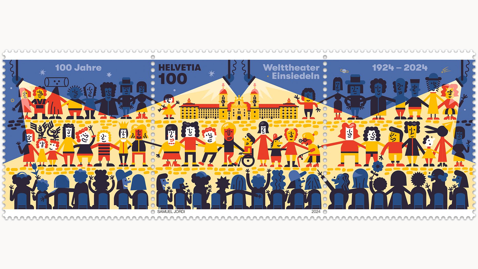 Illustration einer Briefmarke mit Menschen vor einem Gebäude und Schrift.