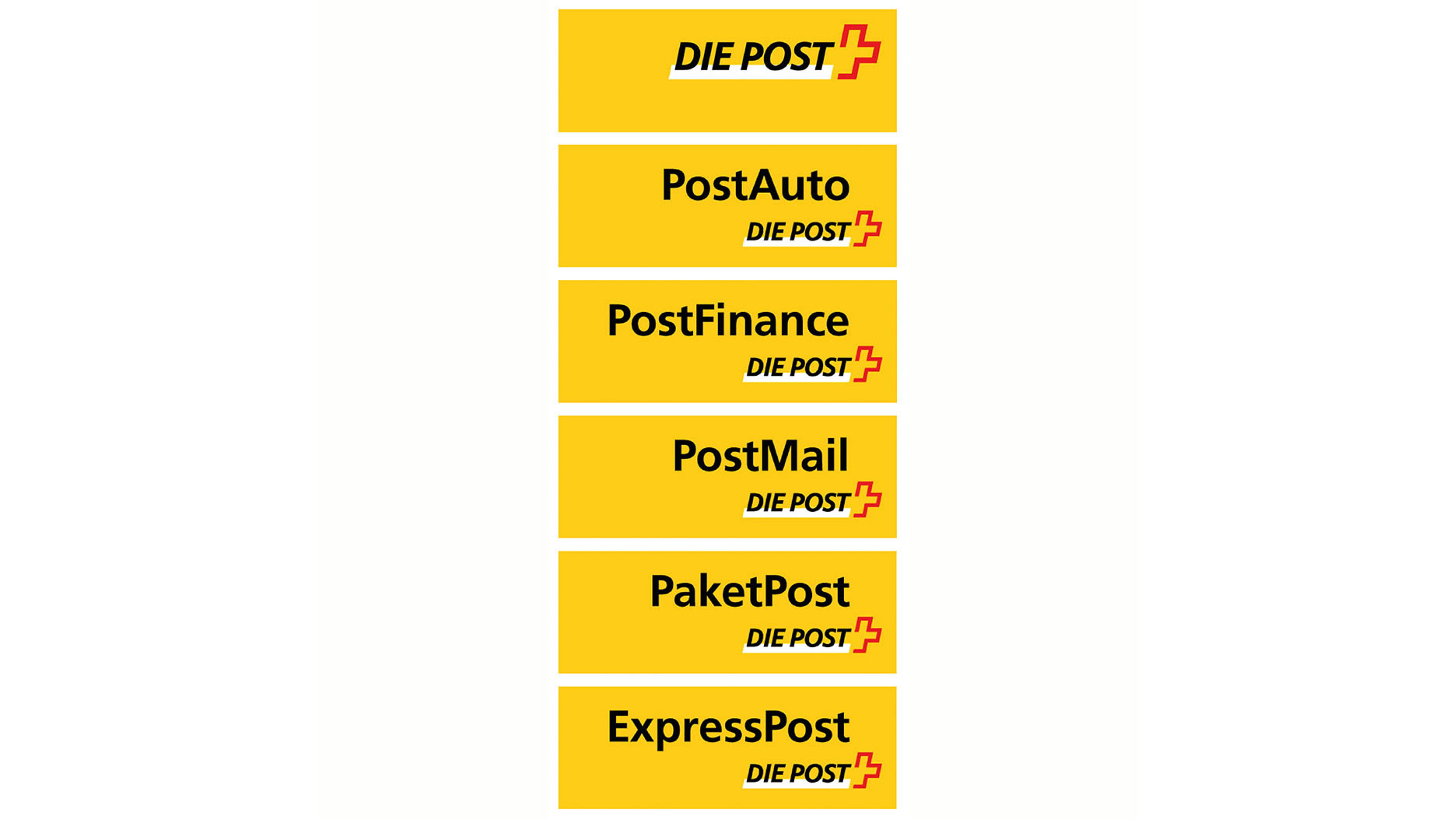 Une surface jaune présente cinq inscriptions disposées verticalement : « DIE POST » avec un symbole de croix angulaire rouge ; « PostAuto » accompagné de « DIE POST » et du même symbole ; « PostFinance » avec « DIE POST » ; « PostMail » avec « DIE POST » ; ainsi que « PaketPost » et « ExpressPost », chacun accompagné de « DIE POST » et du symbole de croix rouge. L’ensemble utilise du noir et du rouge sur fond jaune.