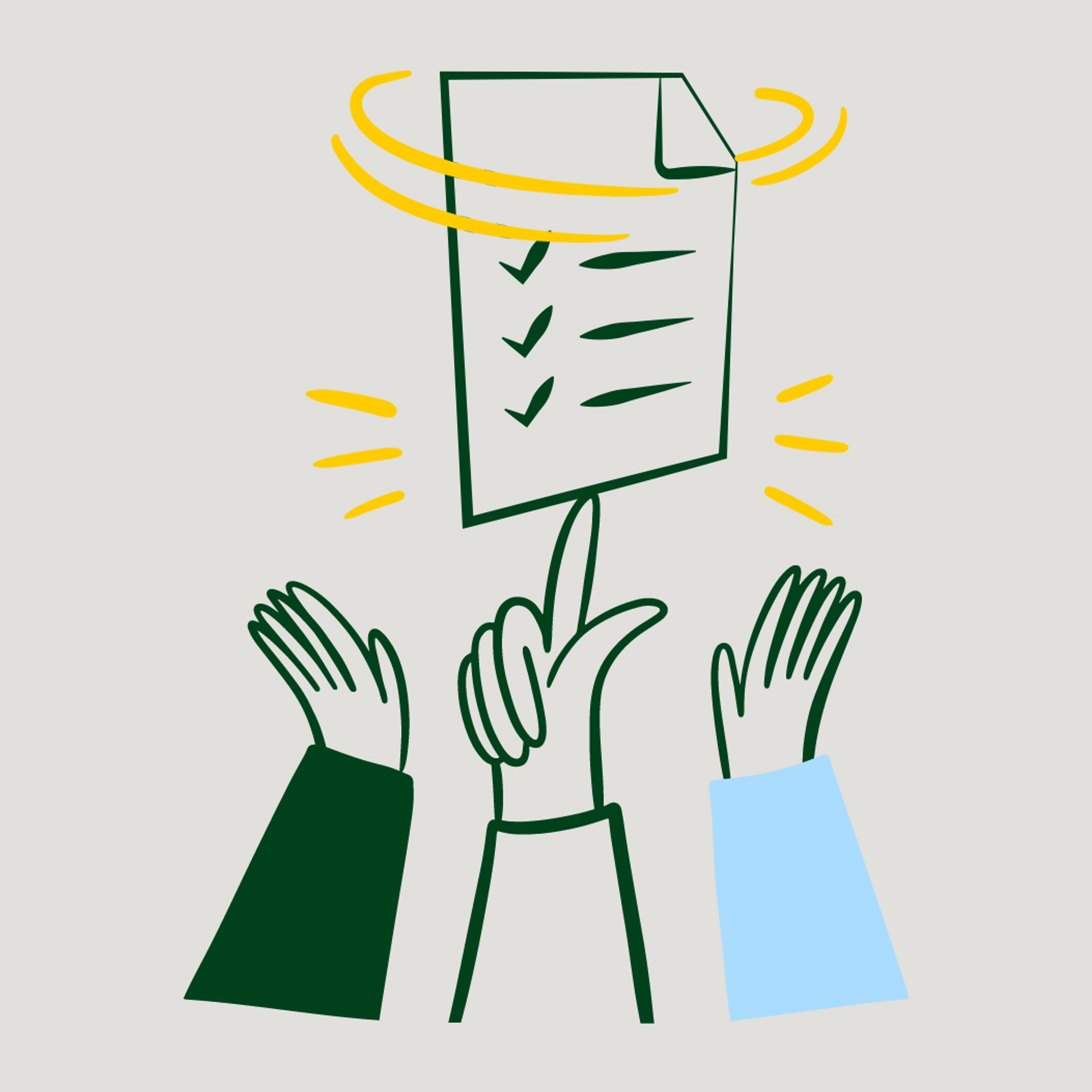 Illustrazione di un certificato su una mano in equilibrio, con due mani sollevate accanto.