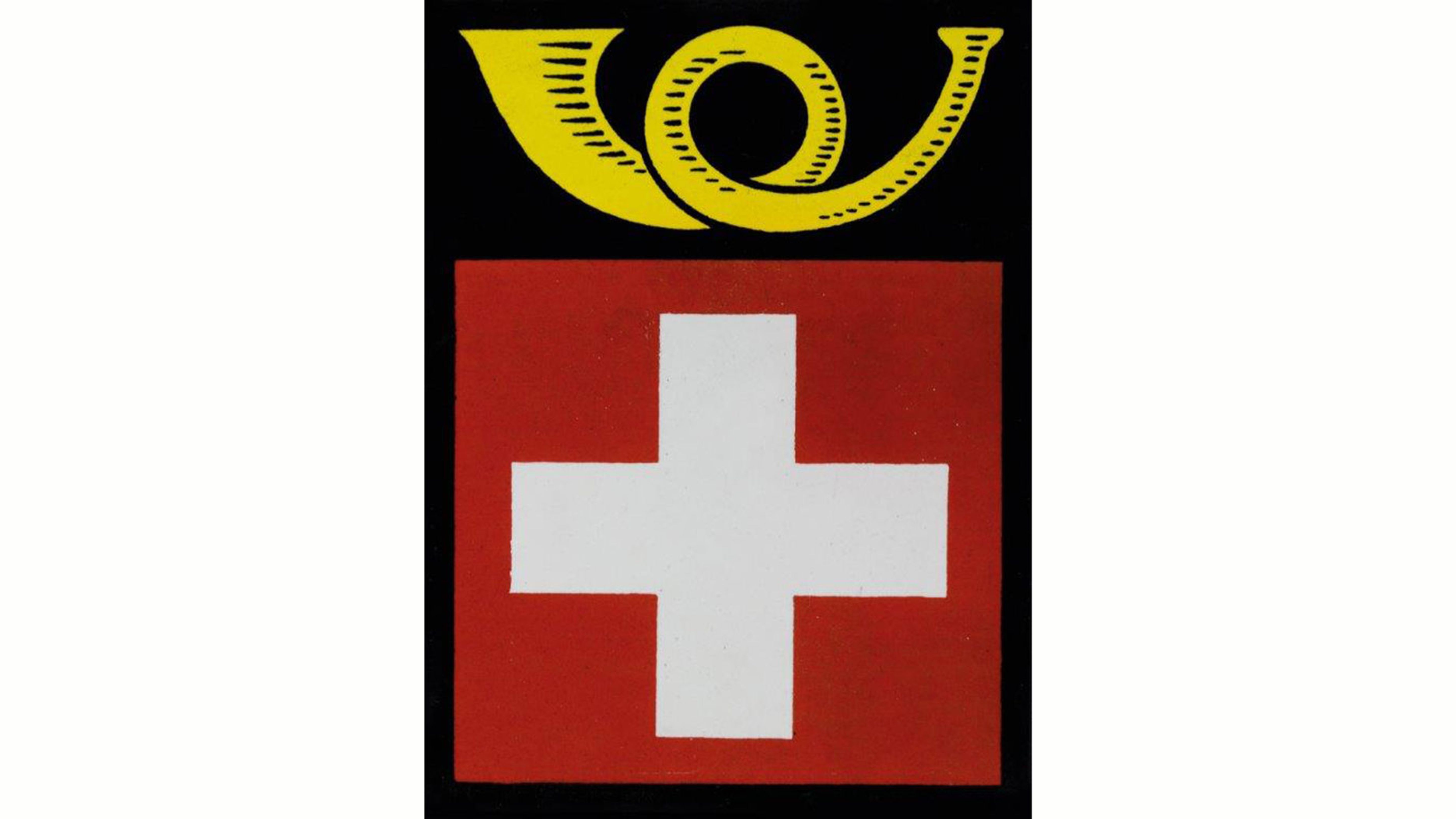 Un emblème rectangulaire présente en haut un cor postal stylisé de couleur jaune sur un fond noir. En dessous se trouve un champ rouge avec une croix blanche au centre. L’ensemble est composé de formes simples et bien délimitées.