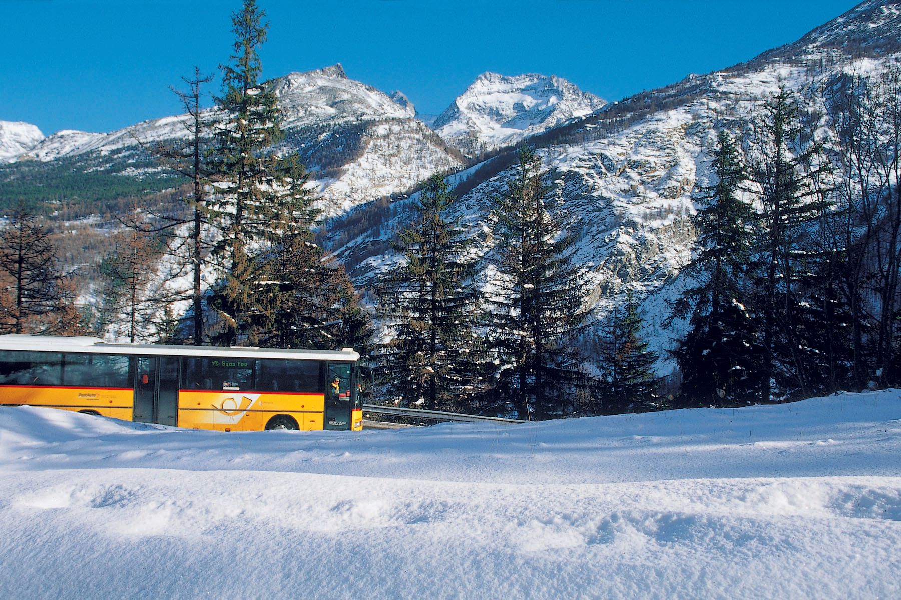 Gelber Postbus in verschneiter Berglandschaft mit Tannen und Bergen