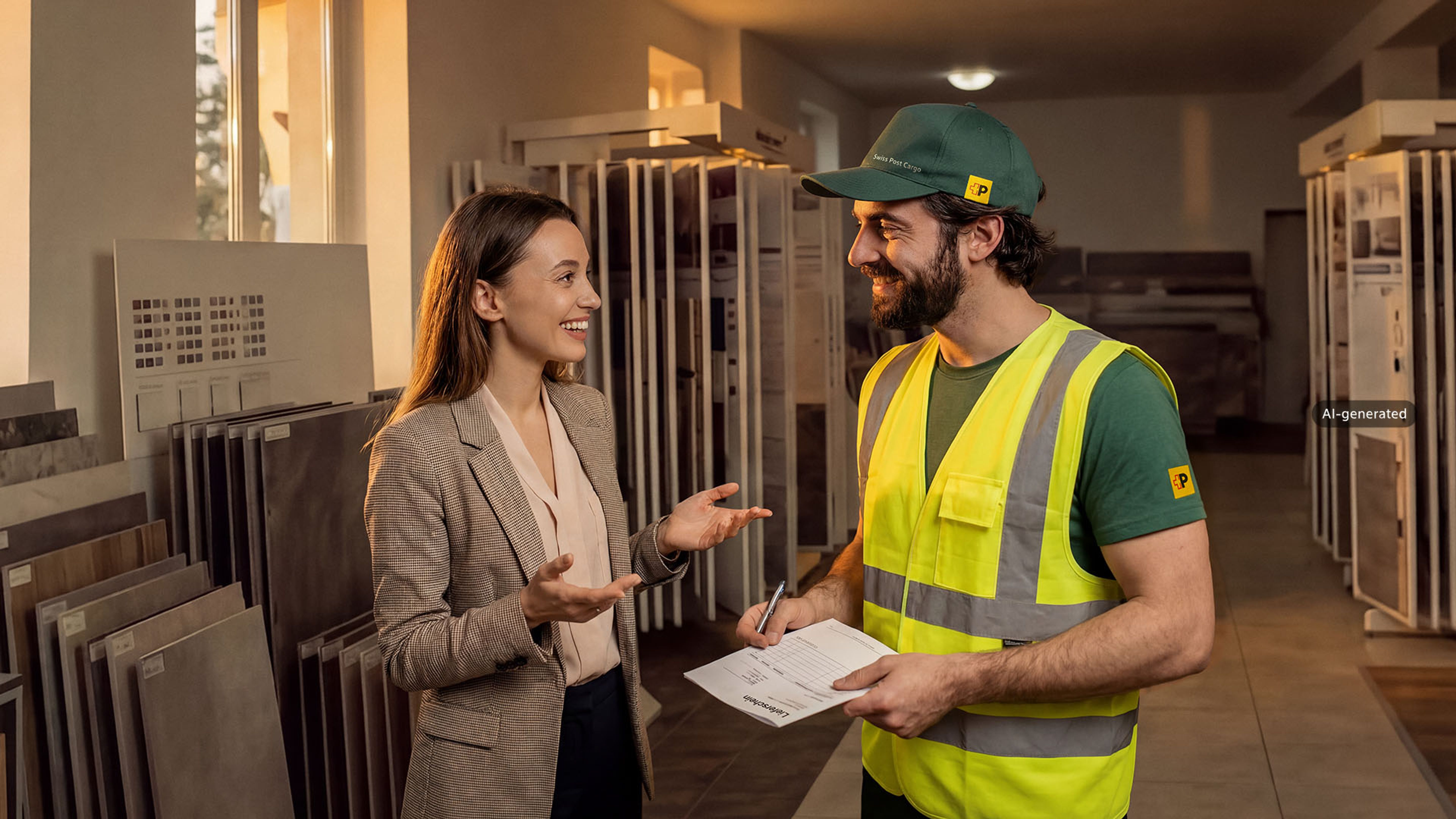 Zwei Personen stehen in einer Musterausstellung für Baukeramik, Fliesen und Keramikplatten. Eine Person spricht mit einem Swiss Post Cargo Mitarbeiter, der einen Lieferschein in der Hand hält.