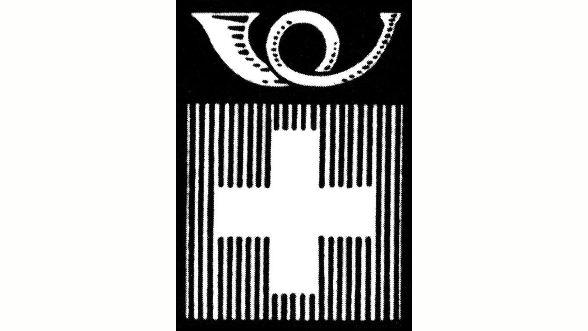 Un emblème en noir et blanc montre un cor postal stylisé dans la partie supérieure. En dessous se trouve une croix blanche entourée de lignes verticales serrées. L’ensemble forme une composition rectangulaire à fort contraste.