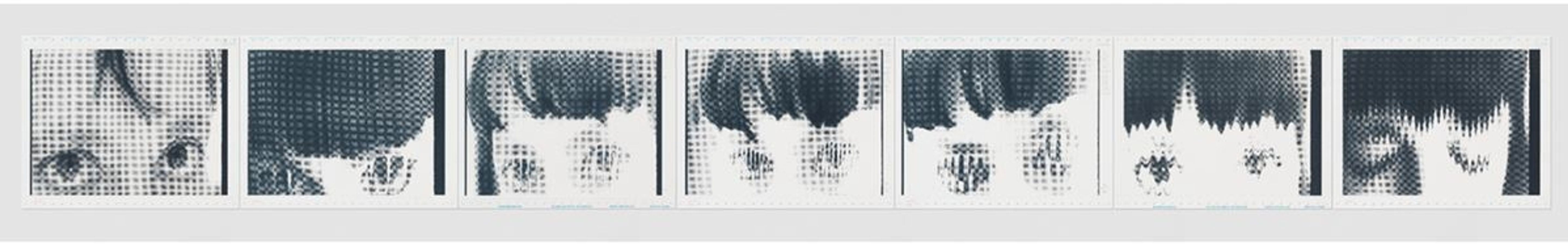 Sechs quadratische Bilder zeigen verschiedene Augenpartien in einem rasterartigen Druckstil.