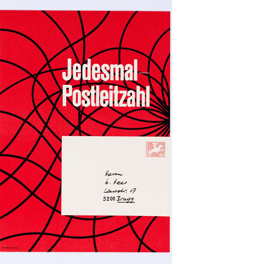 Plakat Post mit Slogan «Jedesmal – Postleitzahl» 1965. Quelle: Museum für Kommunikation