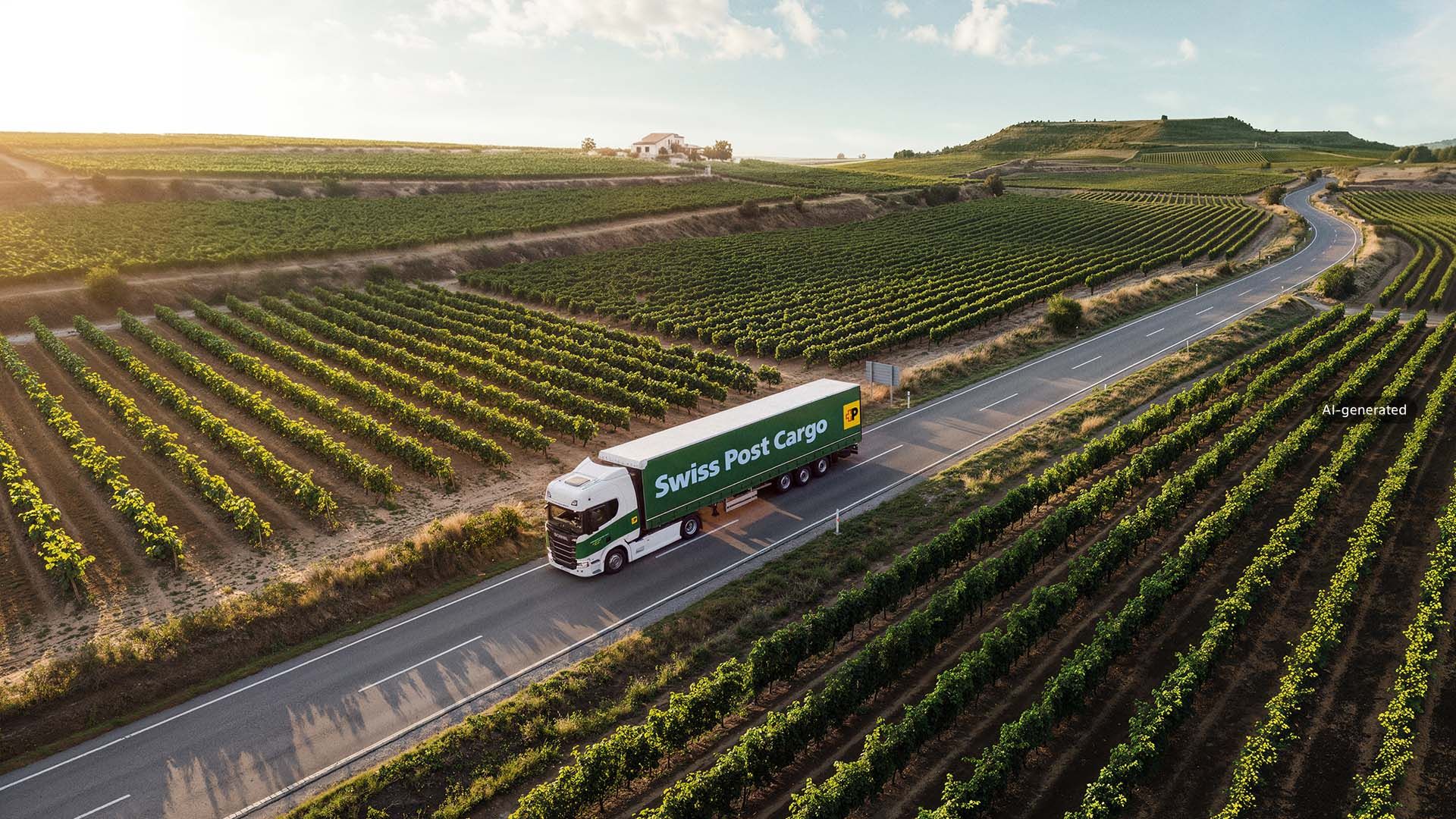 A Swiss Post Cargo truck drives through a landscape with vineyards and a country house at sunset.