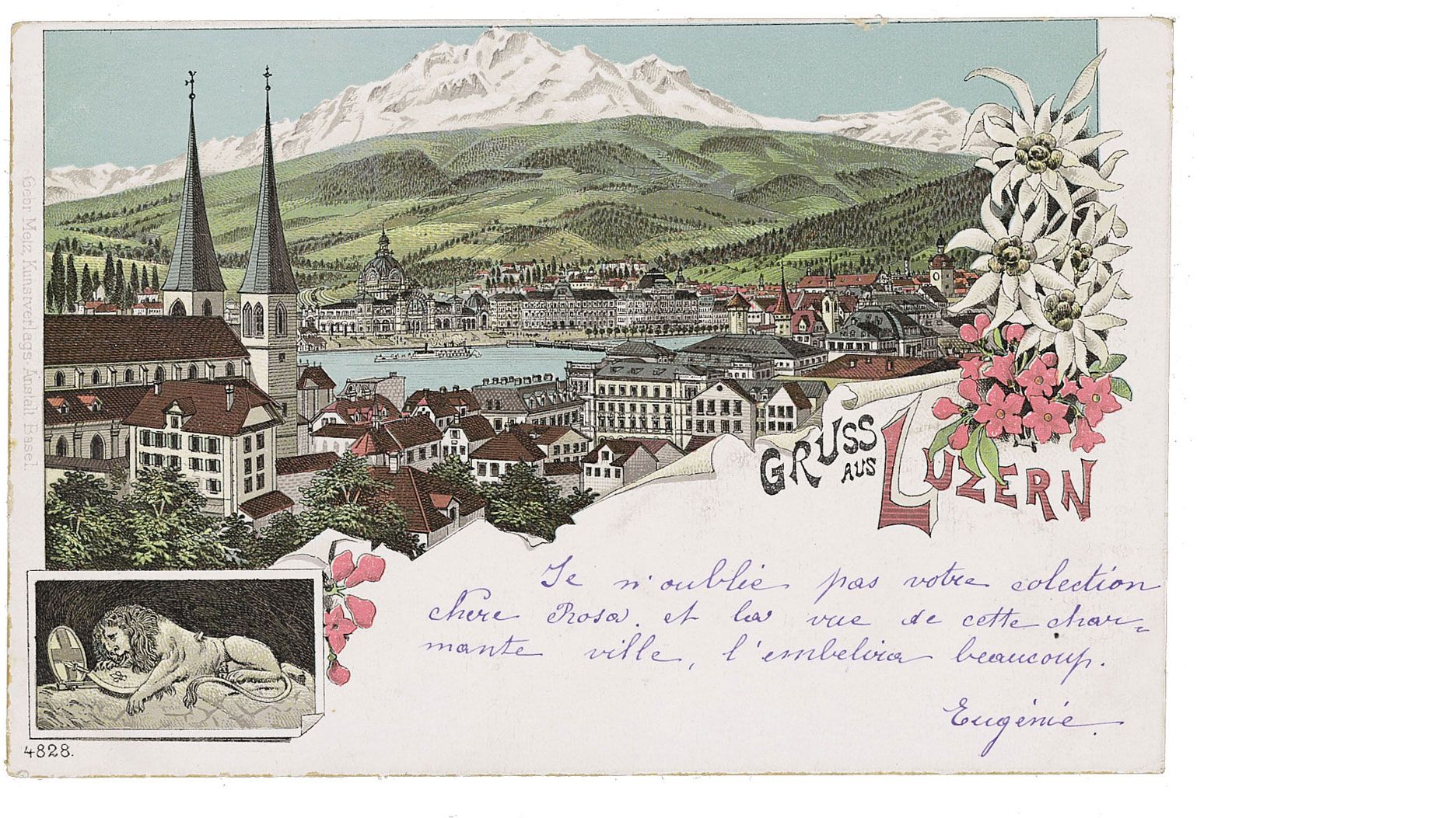 Postkarte von ca. 1900 mit Bild und Beschriftung «Gruss aus Luzern». Quelle: Gebrüder Metz, Kunstverlags-Anstalt Basel (Hg.) / Museum für Kommunikation