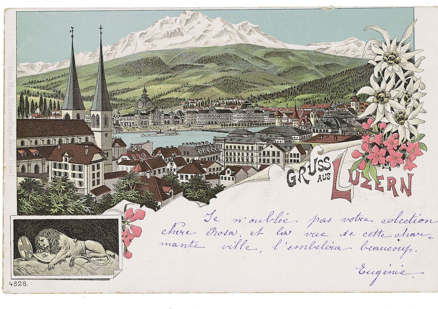 Postkarte von ca. 1900 mit Bild und Beschriftung «Gruss aus Luzern». Quelle: Gebrüder Metz, Kunstverlags-Anstalt Basel (Hg.) / Museum für Kommunikation