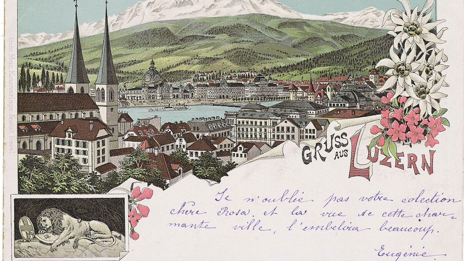 Postcard from circa 1900 with image and inscription “Greeting from Lucerne”. Source: Gebrüder Metz, Kunstverlags-Anstalt Basel (ed.) / Museum of Communication