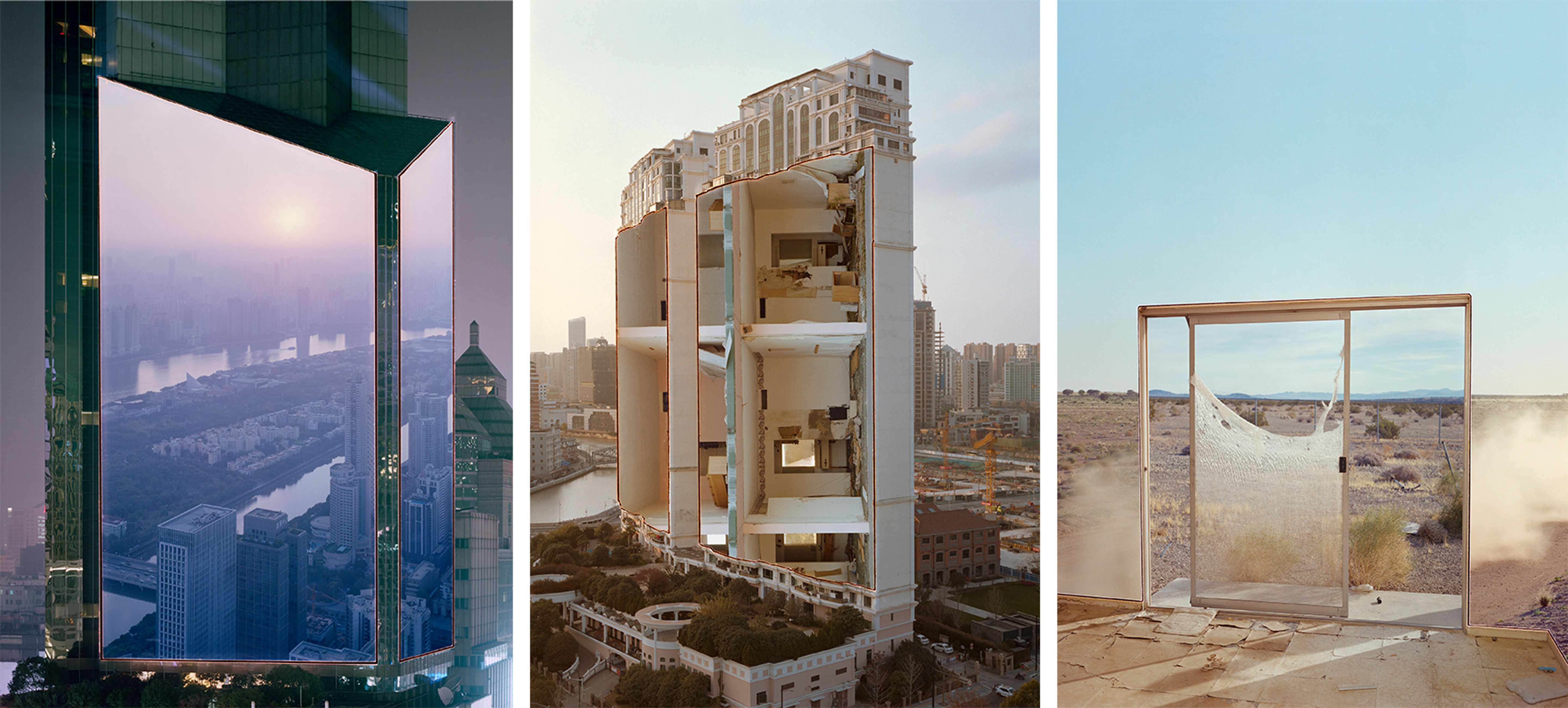 Three surreal-looking depictions of architecture in urban and natural environments.