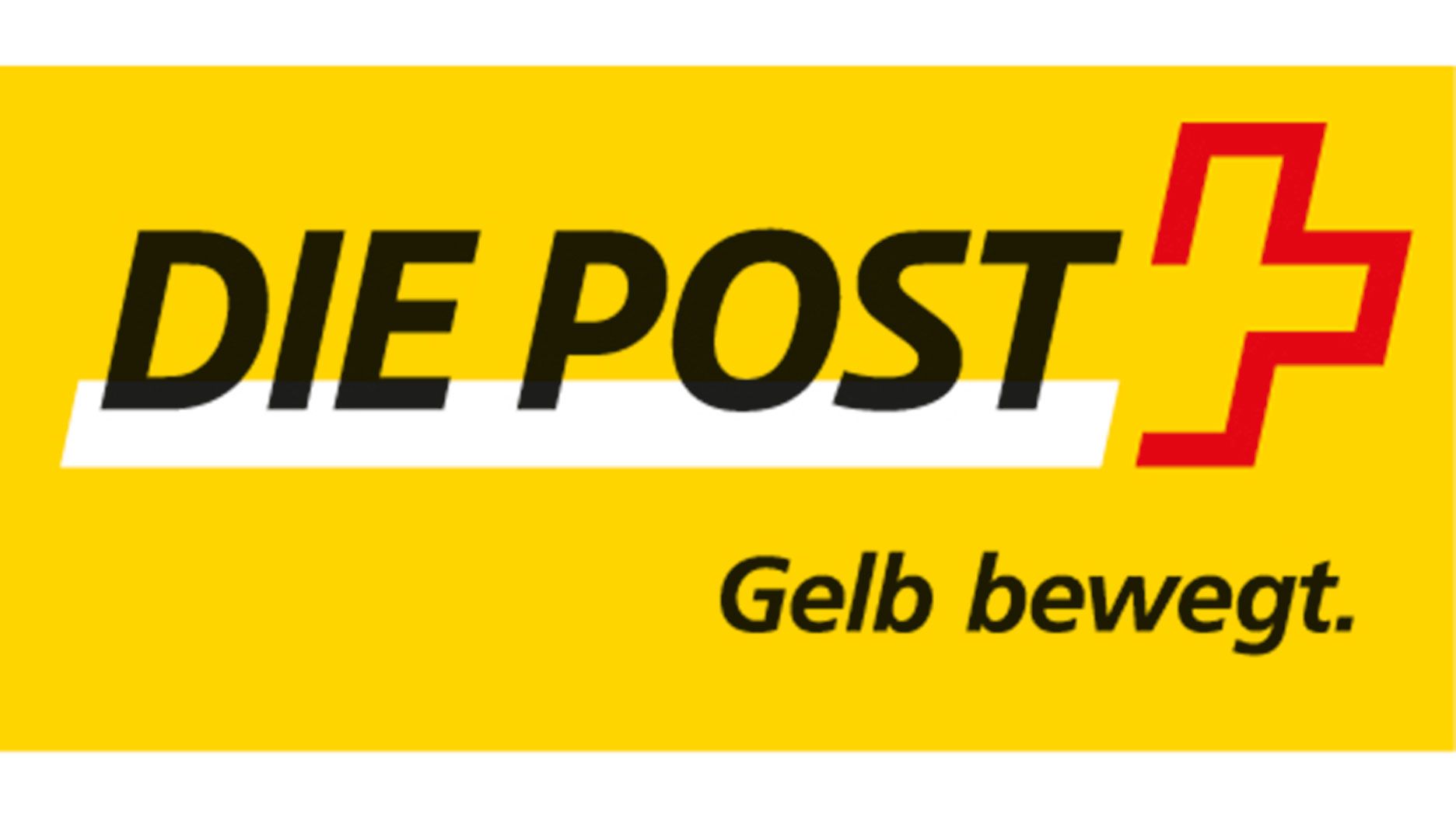 Ein gelber Hintergrund zeigt den schwarzen Schriftzug „DIE POST“, der auf einem schrägen weissen Unterstrich platziert ist. Rechts daneben befindet sich ein rotes, kantig gezeichnetes Kreuzsymbol. Unterhalb steht in kleinerer schwarzer Schrift der Slogan „Gelb bewegt.“