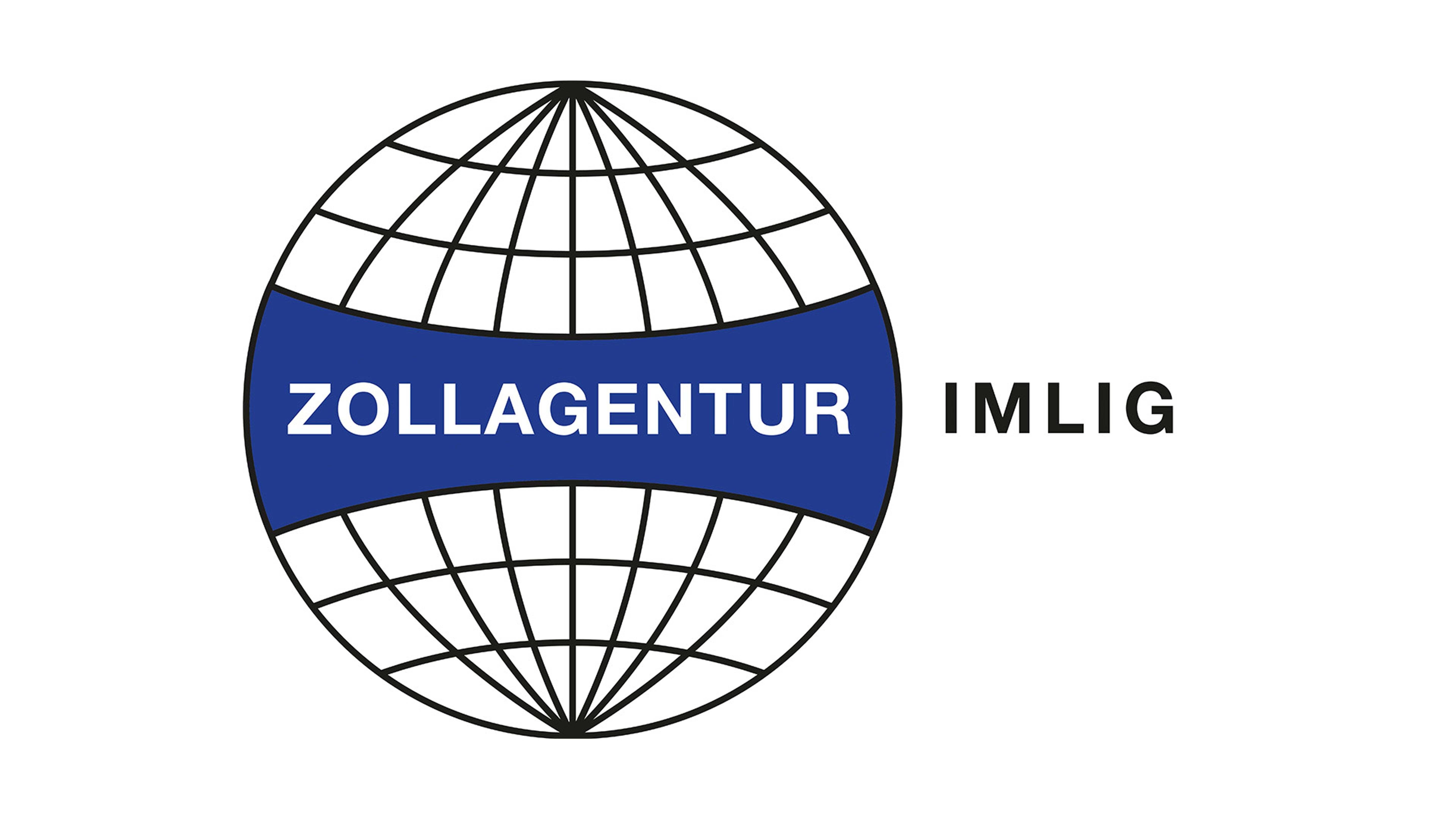 Logo der Zollagentur Imlig: stilisierte Weltkugel mit blauem Band und Schriftzug «Zollagentur Imlig»