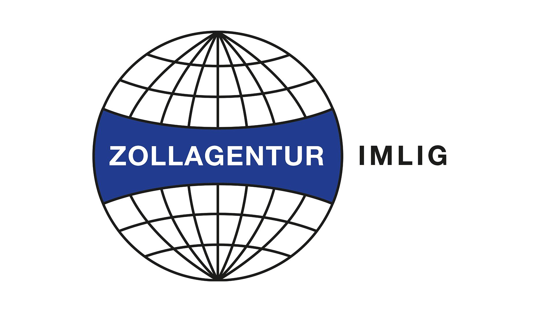 Logo der Zollagentur Imlig: stilisierte Weltkugel mit blauem Band und Schriftzug «Zollagentur Imlig»