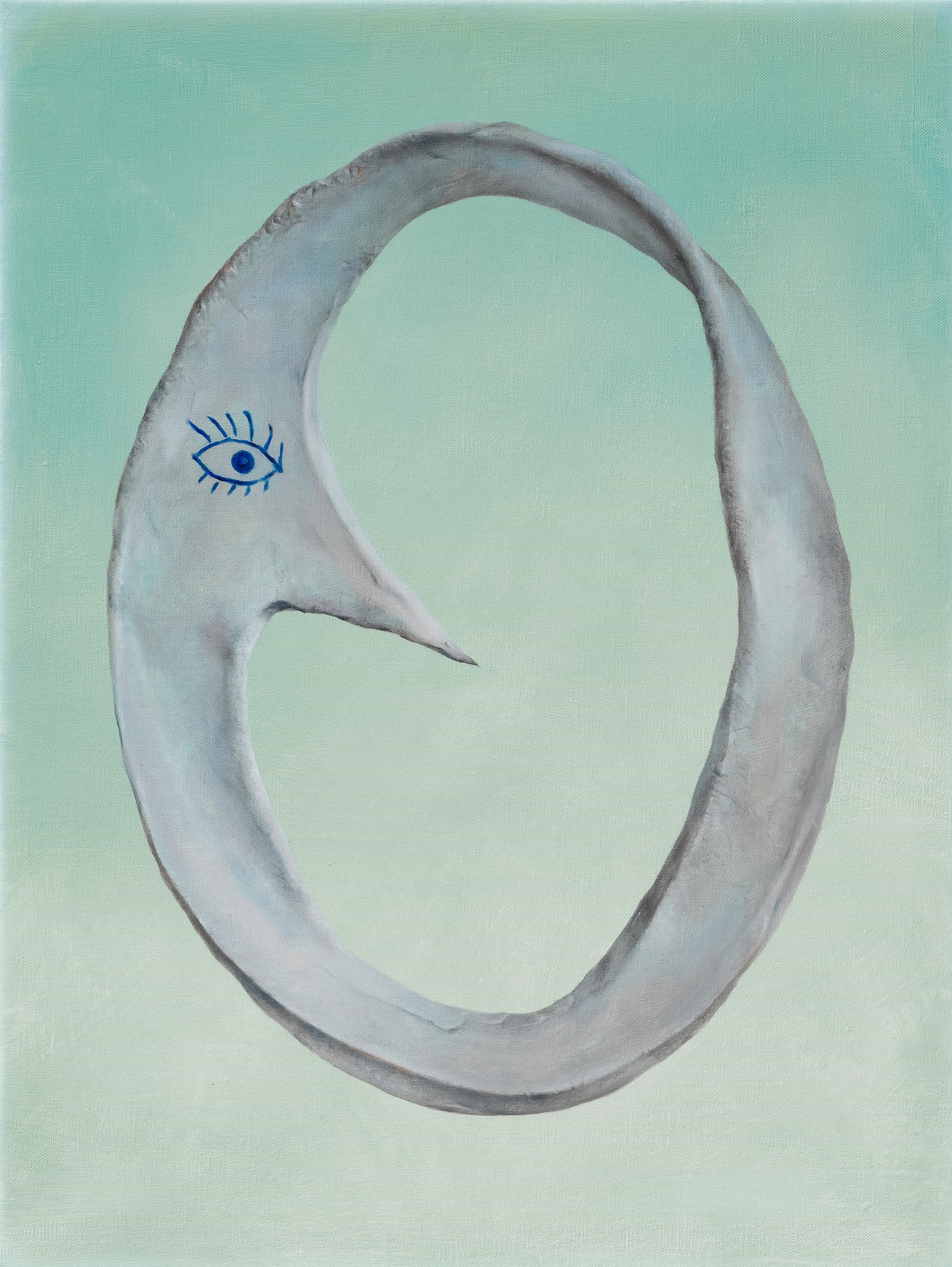 A grey, oval shape with a blue eye on a green background.