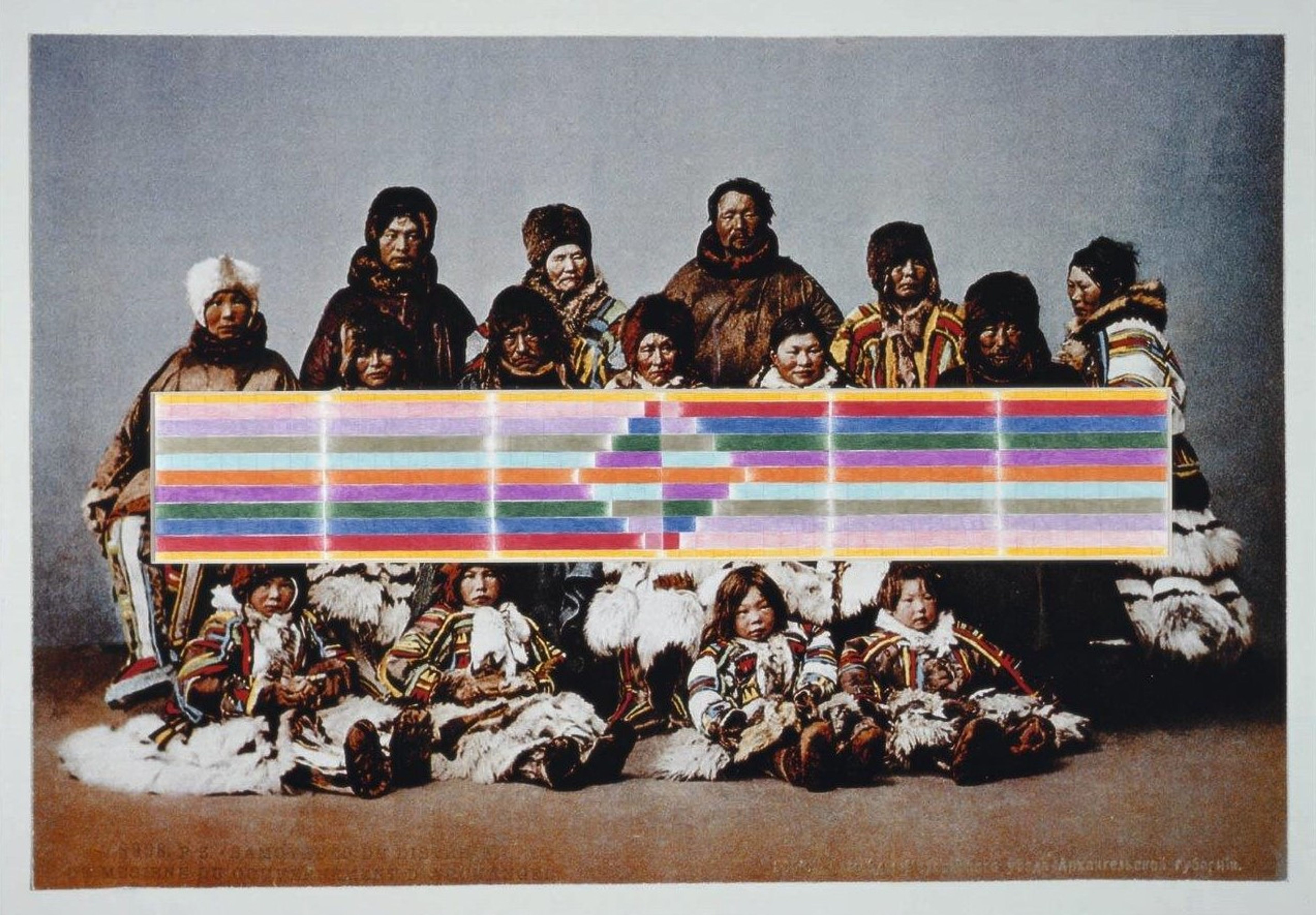 A group of people in patterned clothing with a coloured geometric pattern in the foreground.