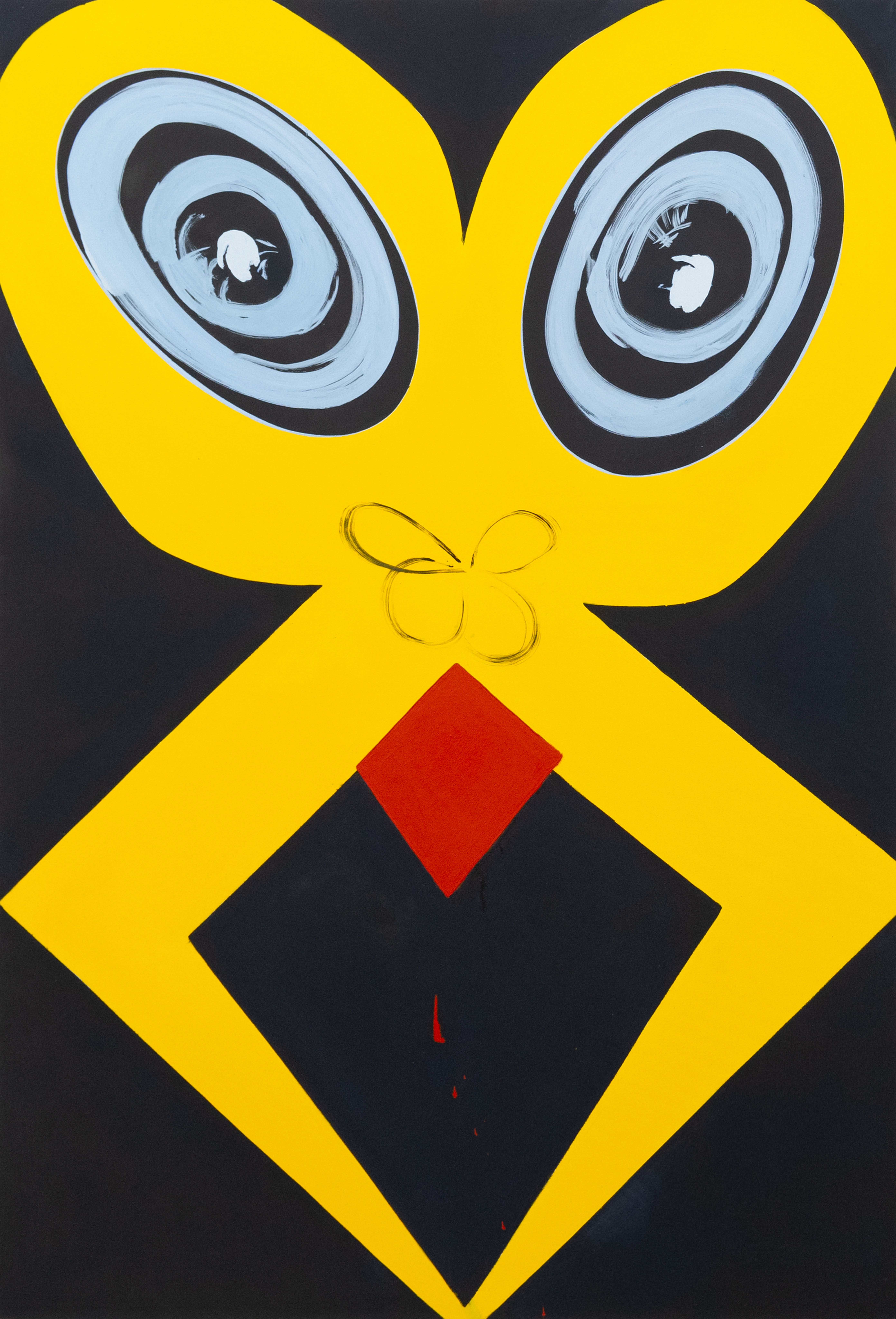 Abstract graphic in dominant shades of yellow and black with two stylized eyes.