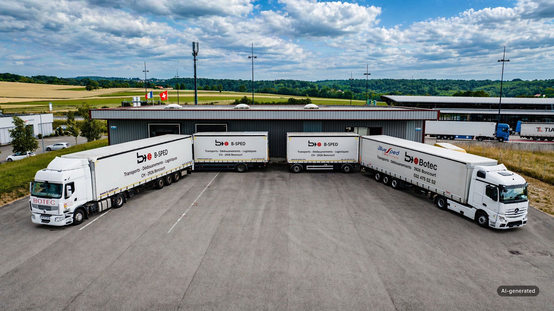 Diversi autocarri B-Sped sono parcheggiati a semicerchio davanti a un edificio logistico con piattaforme di caricamento su una grande spiazzo di un azienda.