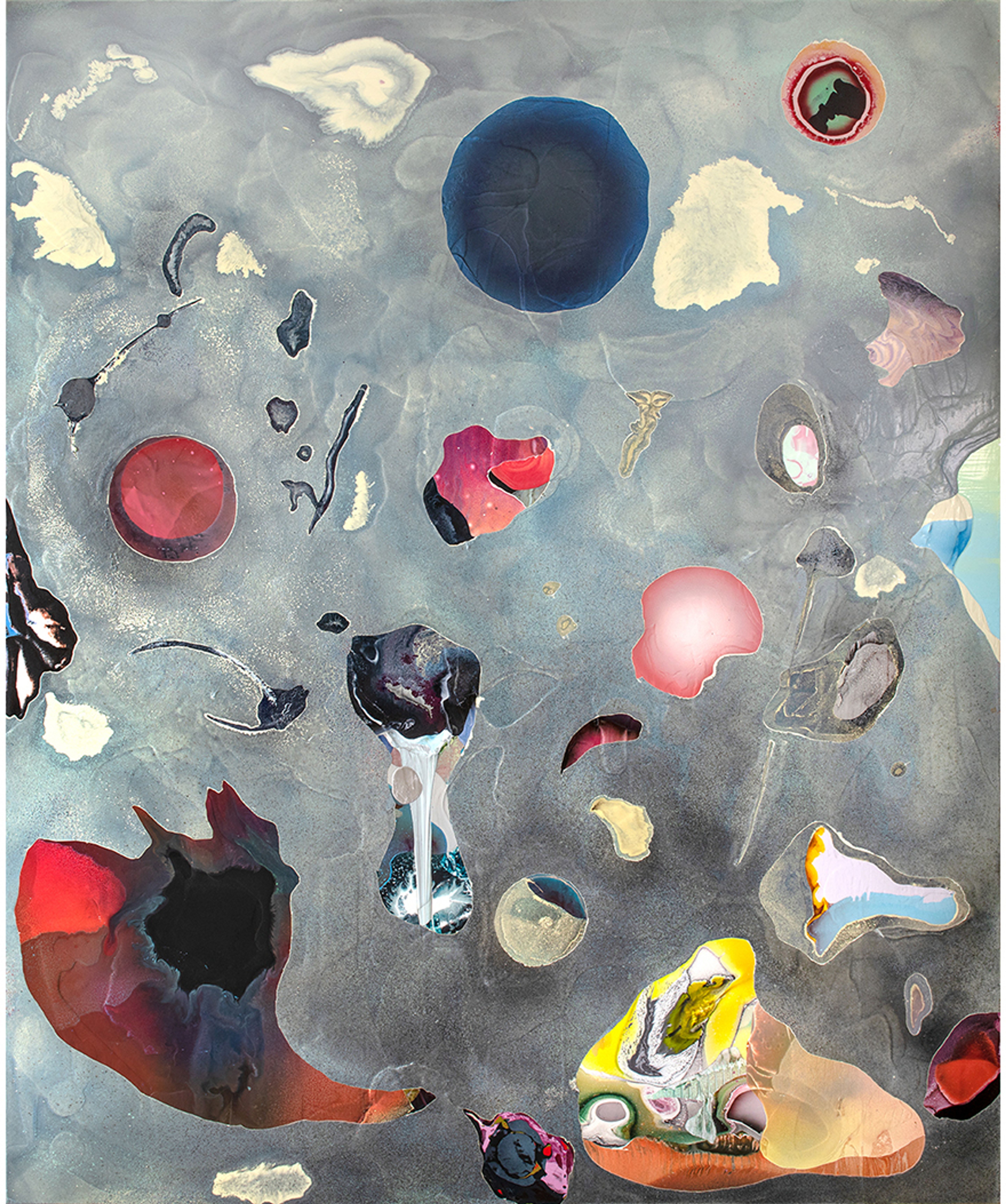 Abstract coloured shapes on a grey-blue background.