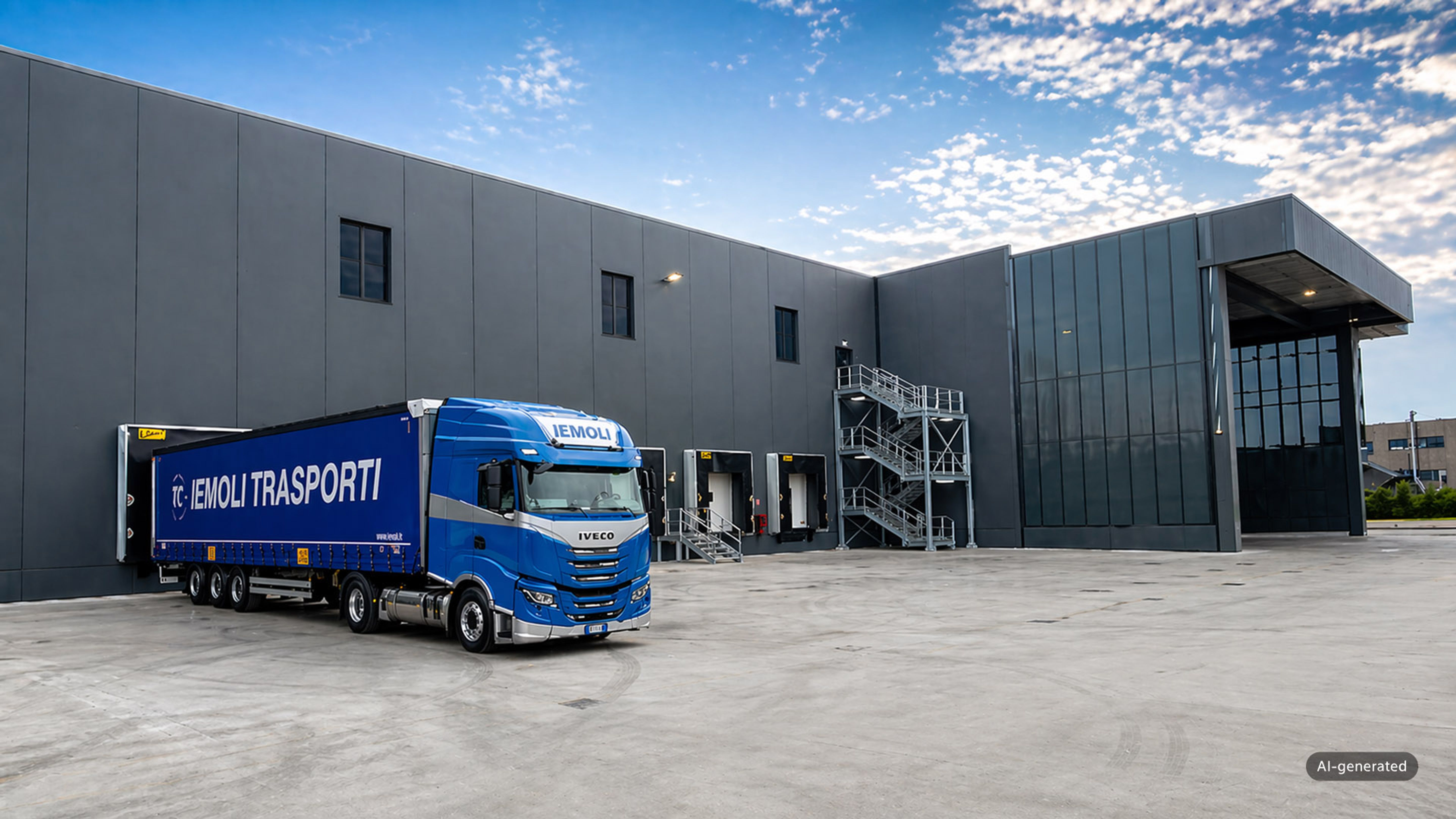 Autoarticolato Iemoli blu davanti a un moderno centro logistico con diverse piattaforme di caricamento e un capannone industriale grigio.