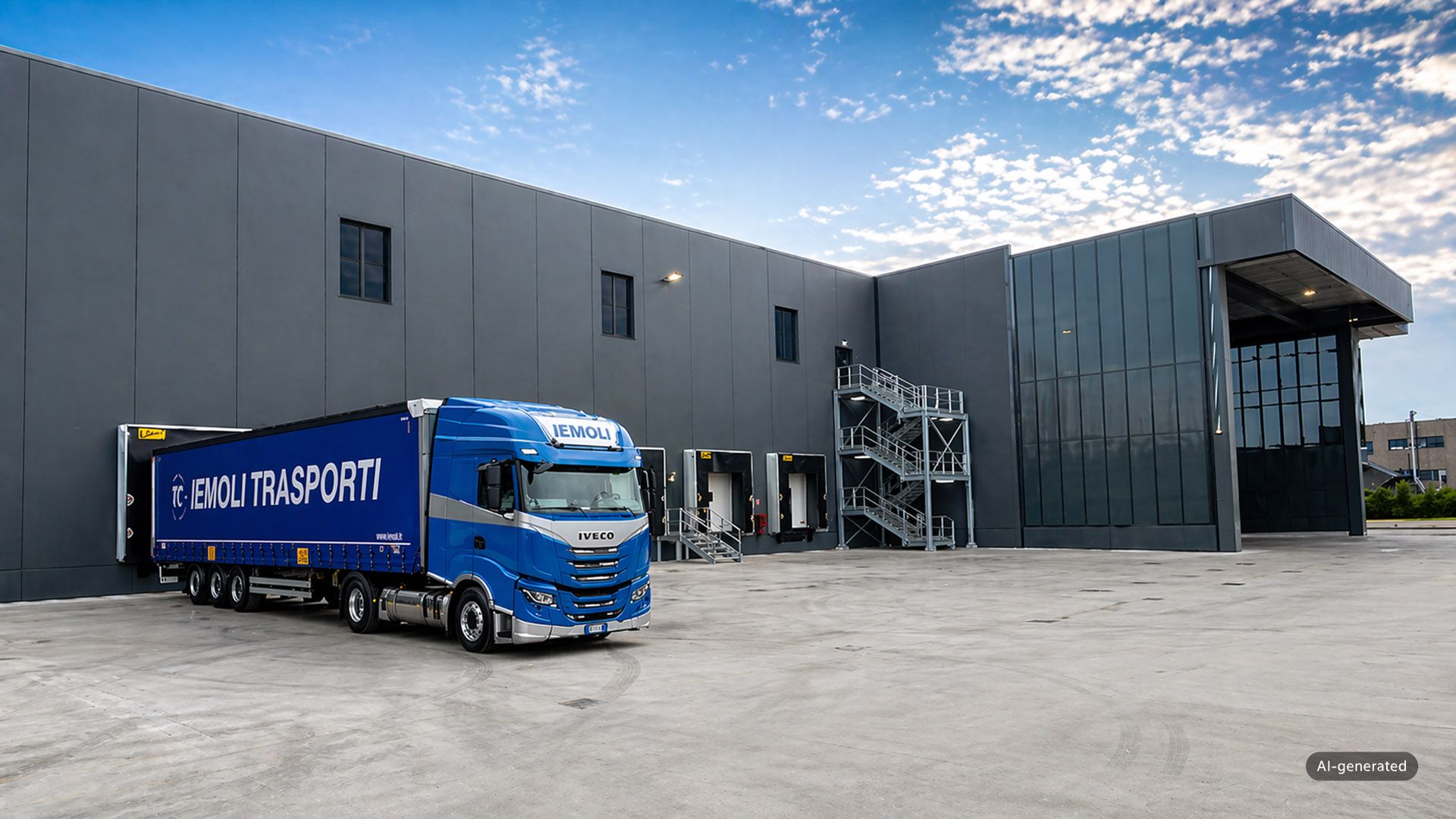 Autoarticolato Iemoli blu davanti a un moderno centro logistico con diverse piattaforme di caricamento e un capannone industriale grigio.