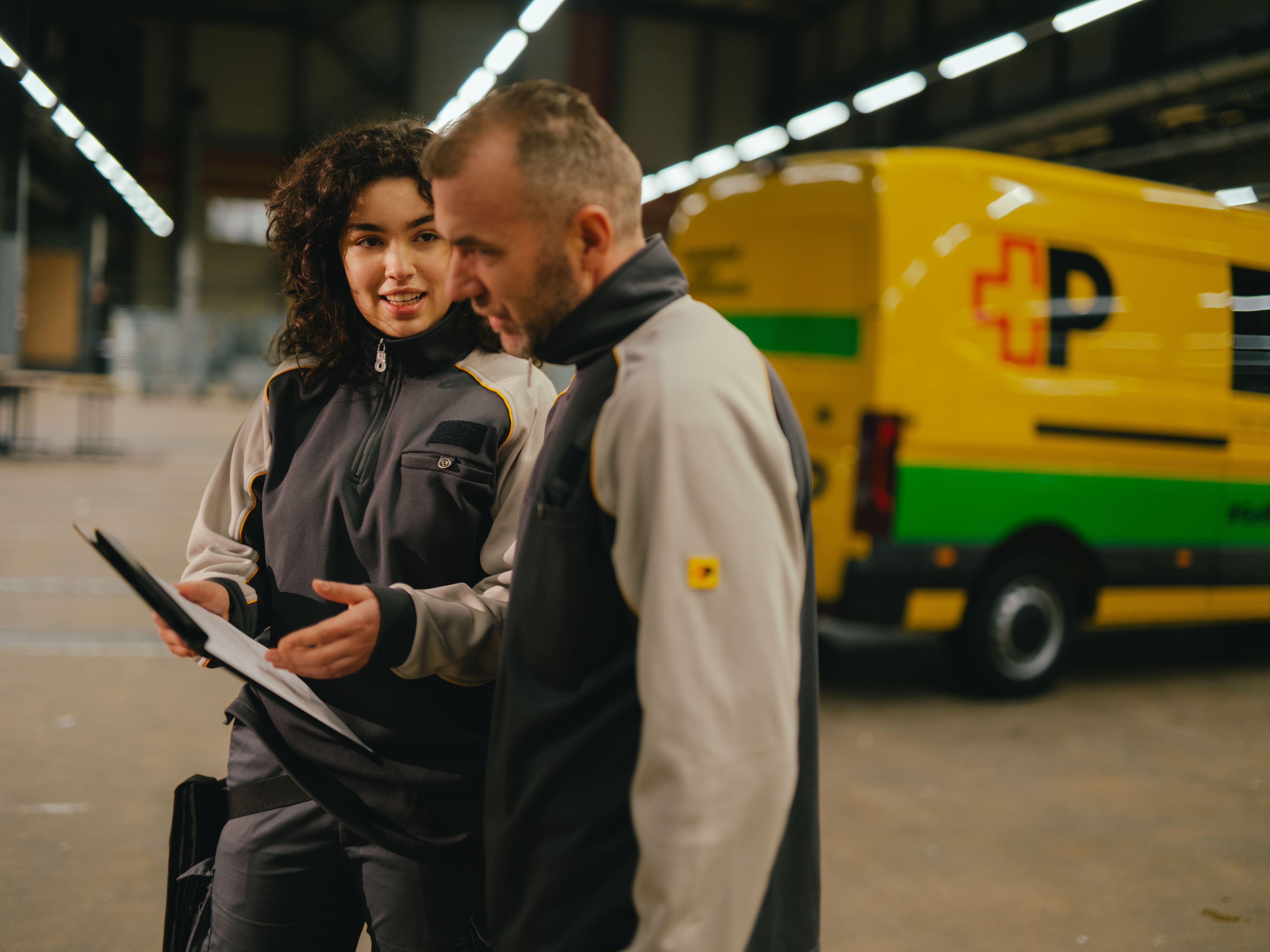 Zwei Personen in Arbeitskleidung besprechen ein Dokument in einer Industriehalle. Im Hintergrund steht ein gelbes Lieferfahrzeug mit dem Post‑Logo.