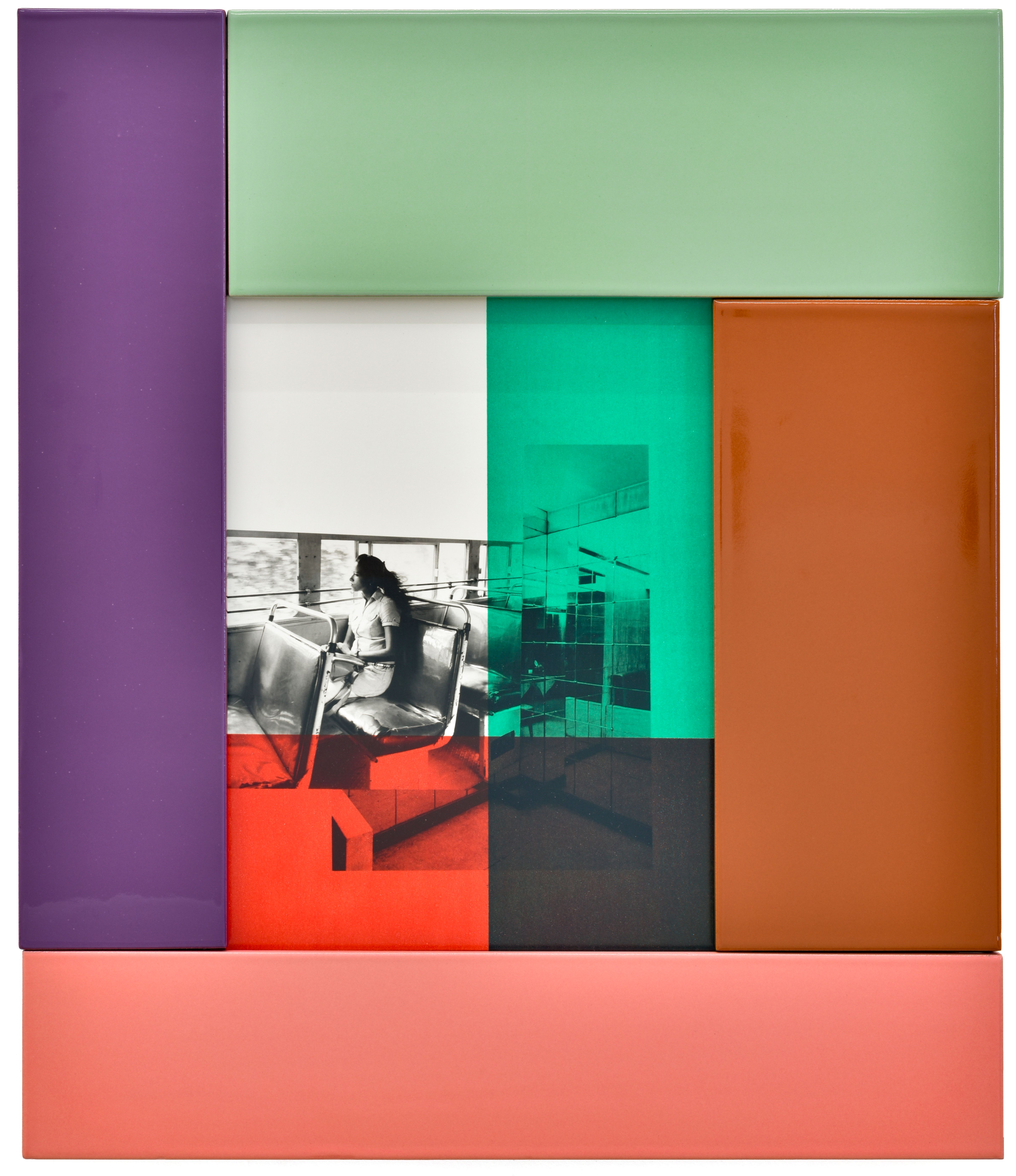 Colour areas and black and white photos in geometric arrangement.