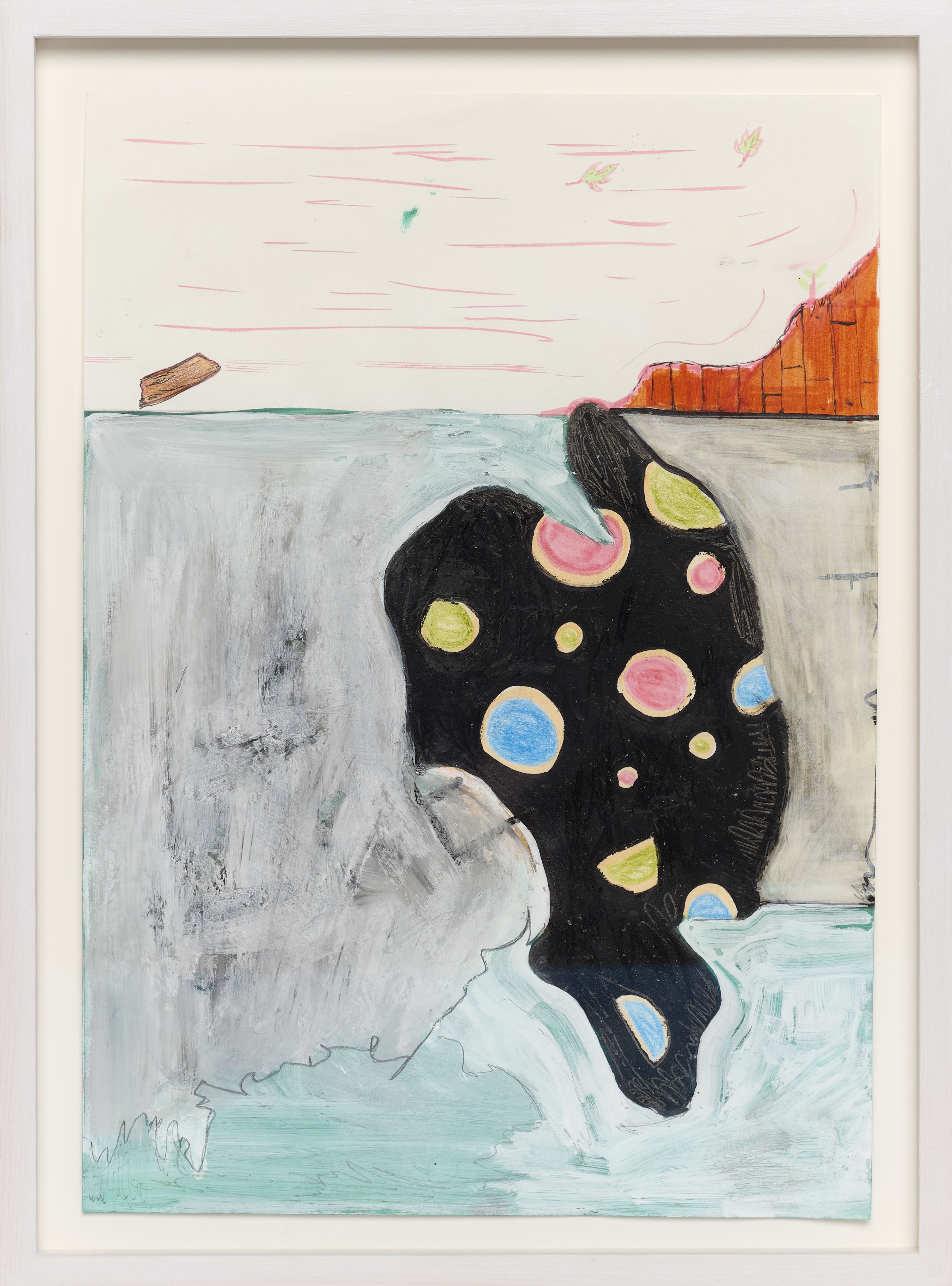 Abstract drawing with a black area and colourful dots in a white frame.