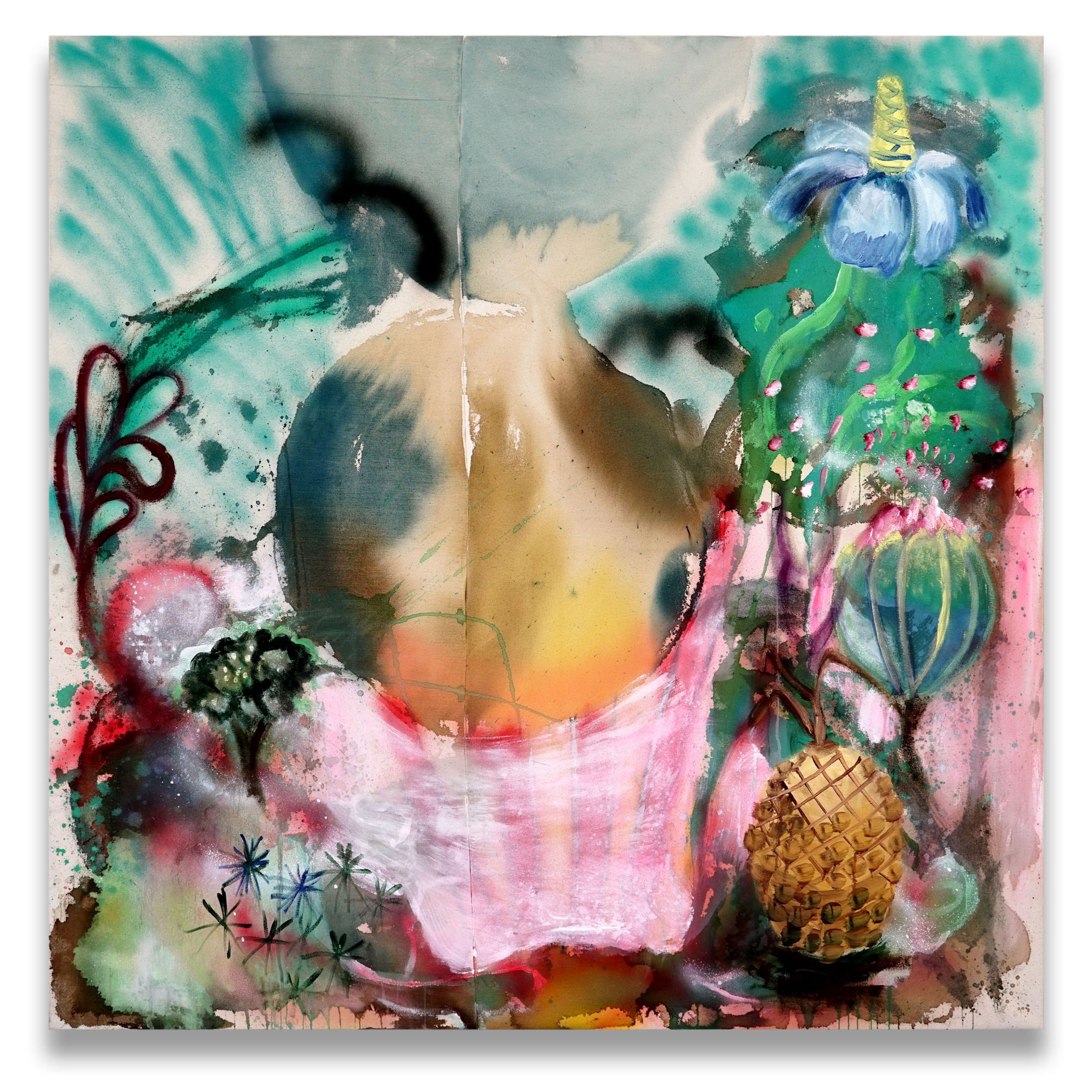 Abstract painting with round shape and colorful floral patterns.