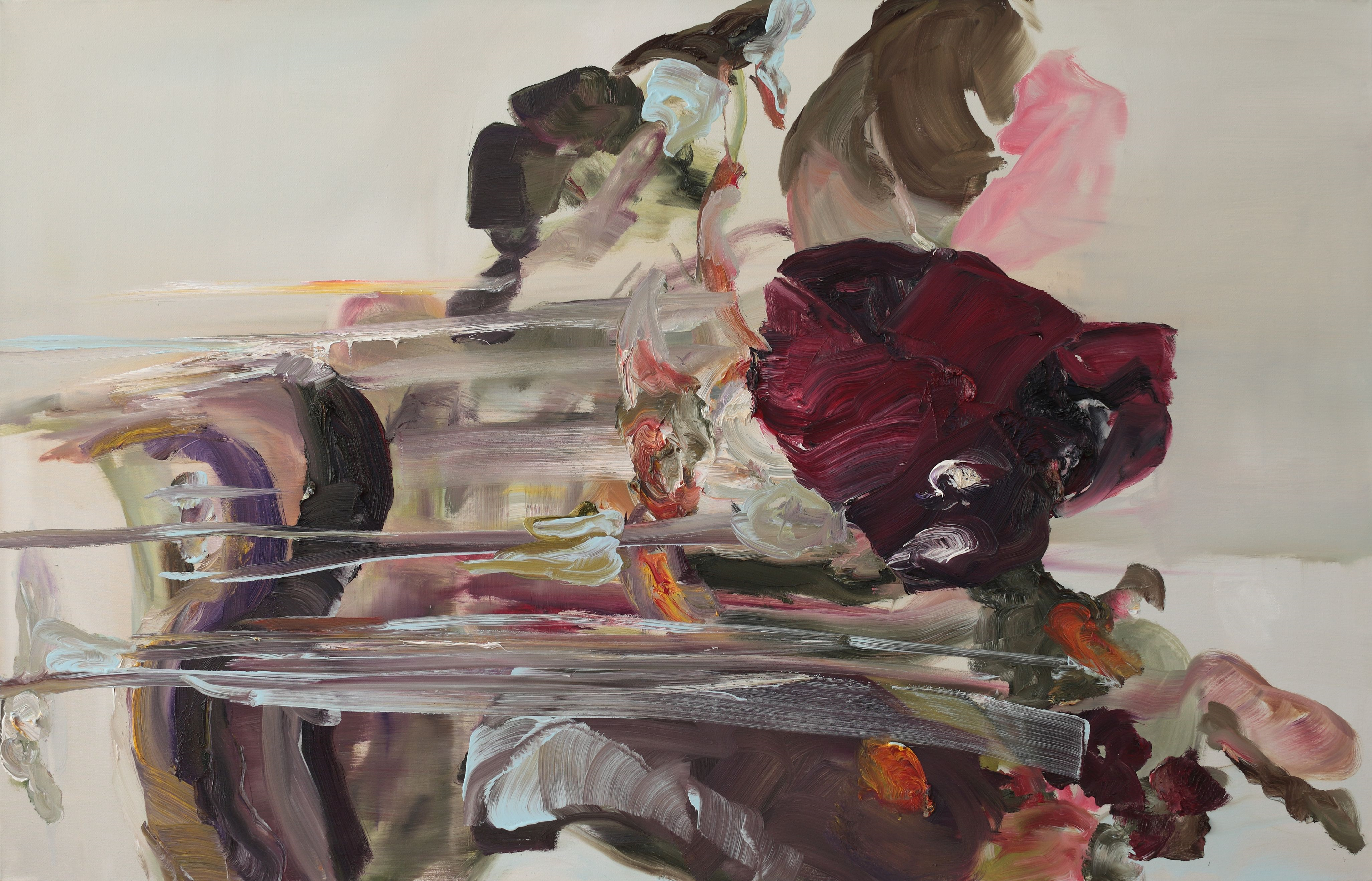 Abstract painting with broad brushstrokes in red, brown, grey, and pink.