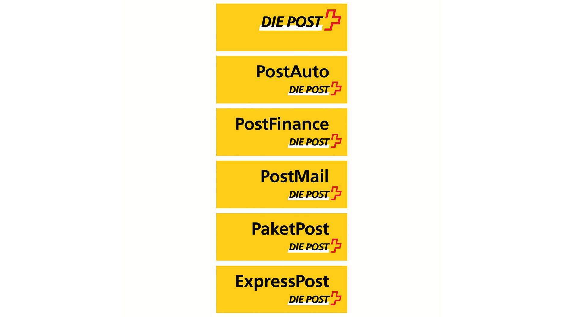 Eine gelbe Fläche zeigt fünf übereinander angeordnete Beschriftungen: „DIE POST“ mit einem roten, kantigen Kreuzsymbol; „PostAuto“ mit dem Zusatz „DIE POST“ und demselben Kreuzsymbol; „PostFinance“ mit „DIE POST“; „PostMail“ mit „DIE POST“; sowie „PaketPost“ und „ExpressPost“, jeweils mit dem Zusatz „DIE POST“ und dem roten Kreuzsymbol. Alle Elemente sind in Schwarz und Rot auf gelbem Hintergrund gestaltet.