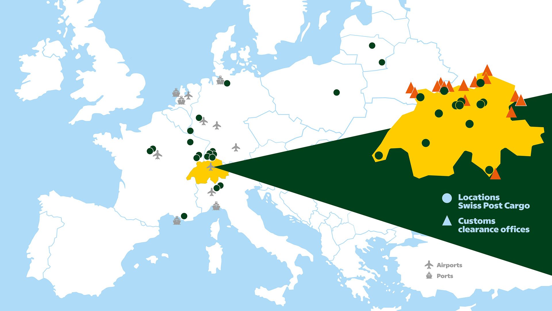 Map of Europe with Swiss Post Cargo locations