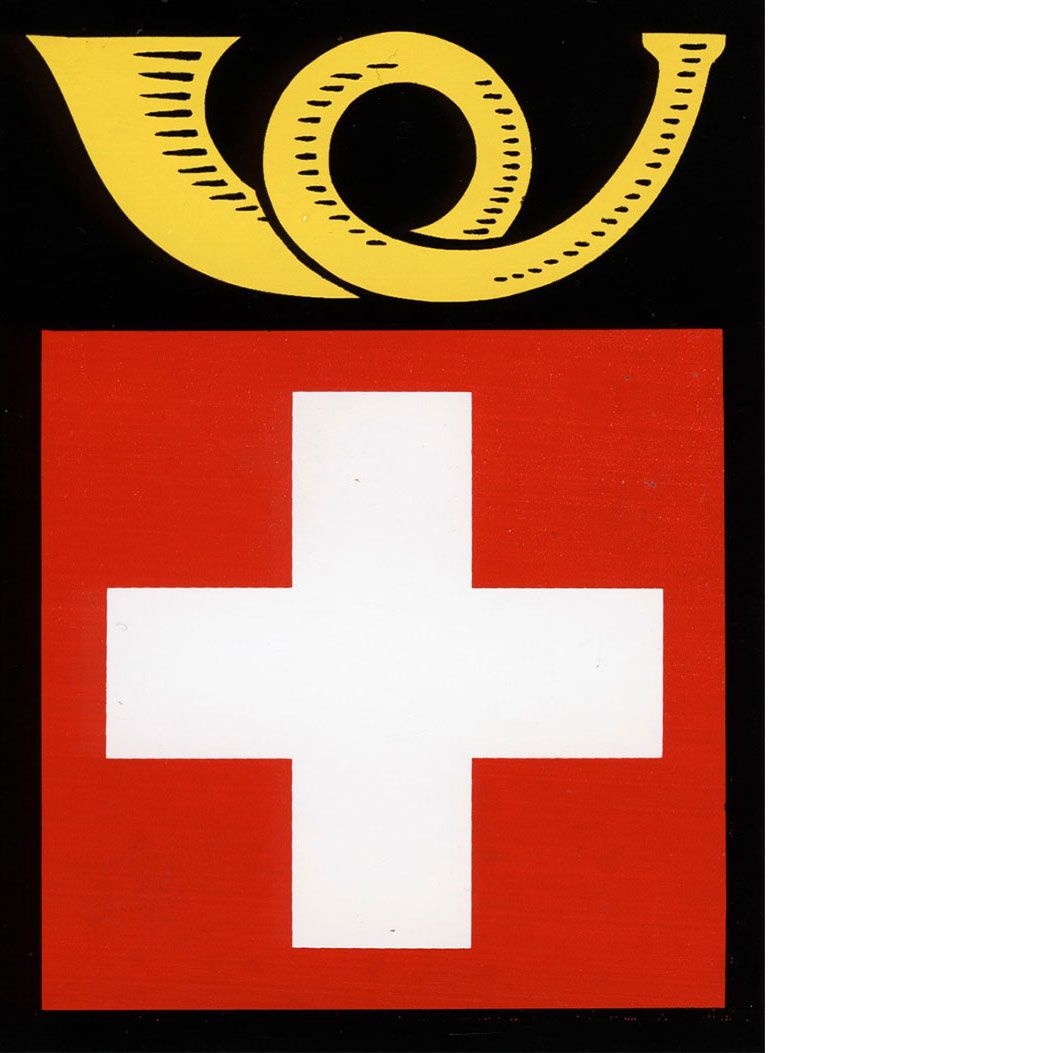 Das rechteckige PTT-Wappenlogo mit Schweizerkreuz und Posthorn. Quelle: Museum für Kommunikation