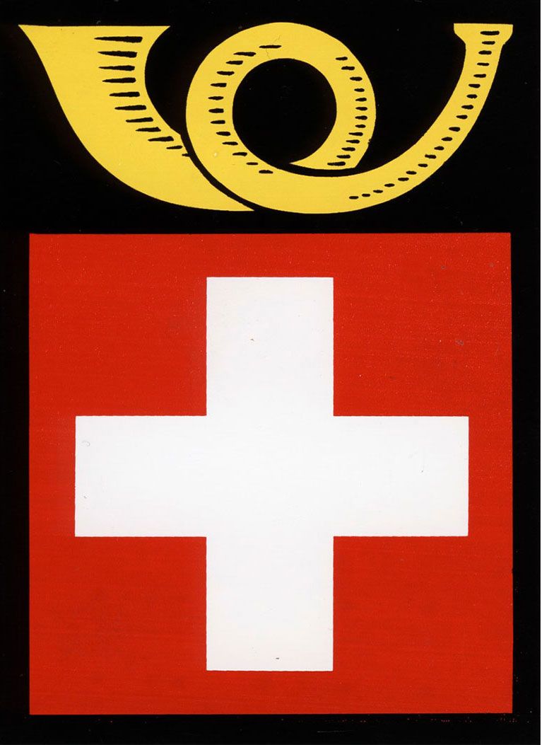 Das rechteckige PTT-Wappenlogo mit Schweizerkreuz und Posthorn. Quelle: Museum für Kommunikation