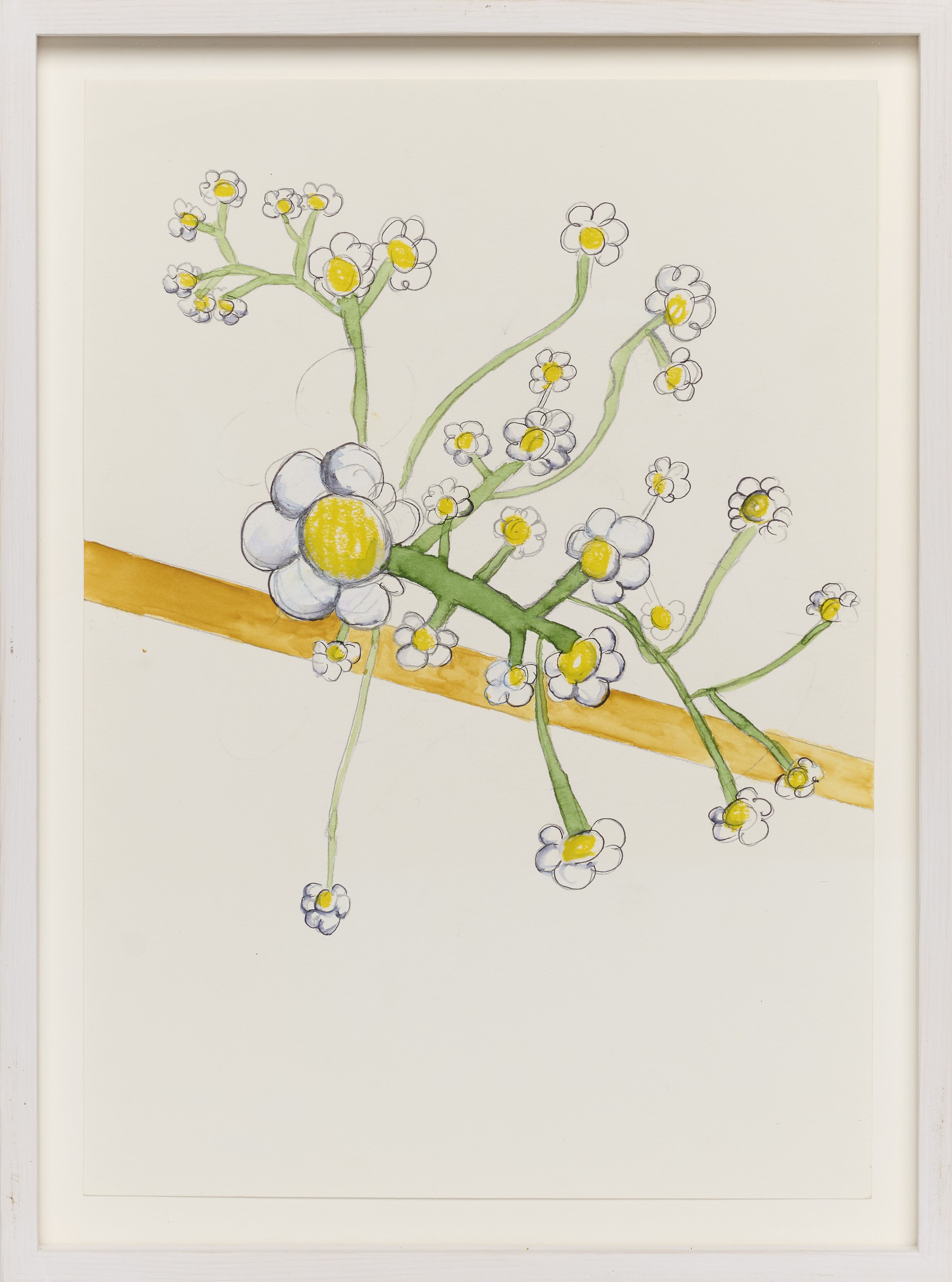 A stylized drawing of white flowers with yellow centers on a beige background in a white frame.