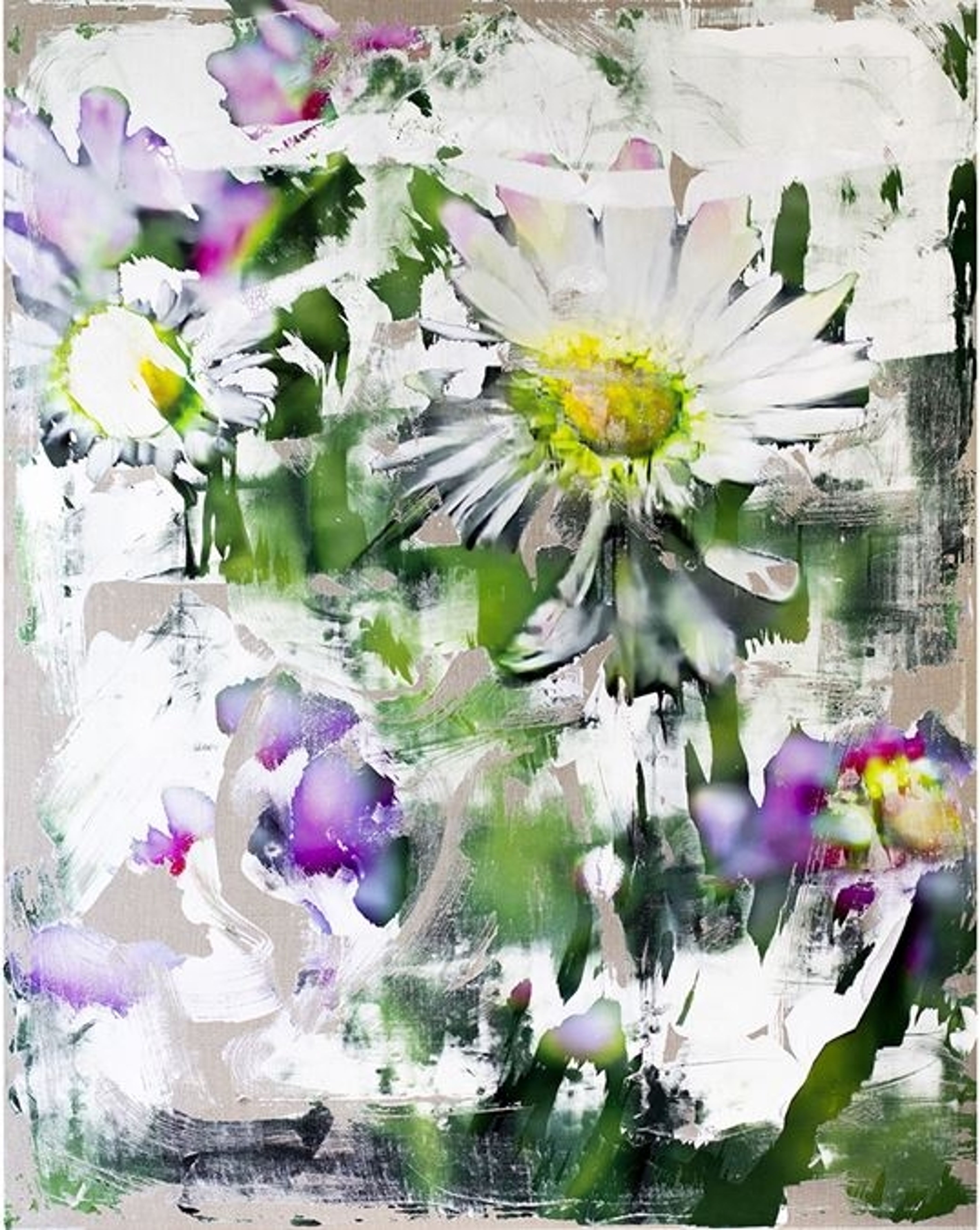 Abstract flower painting with dominant white and green tones, purple accents.