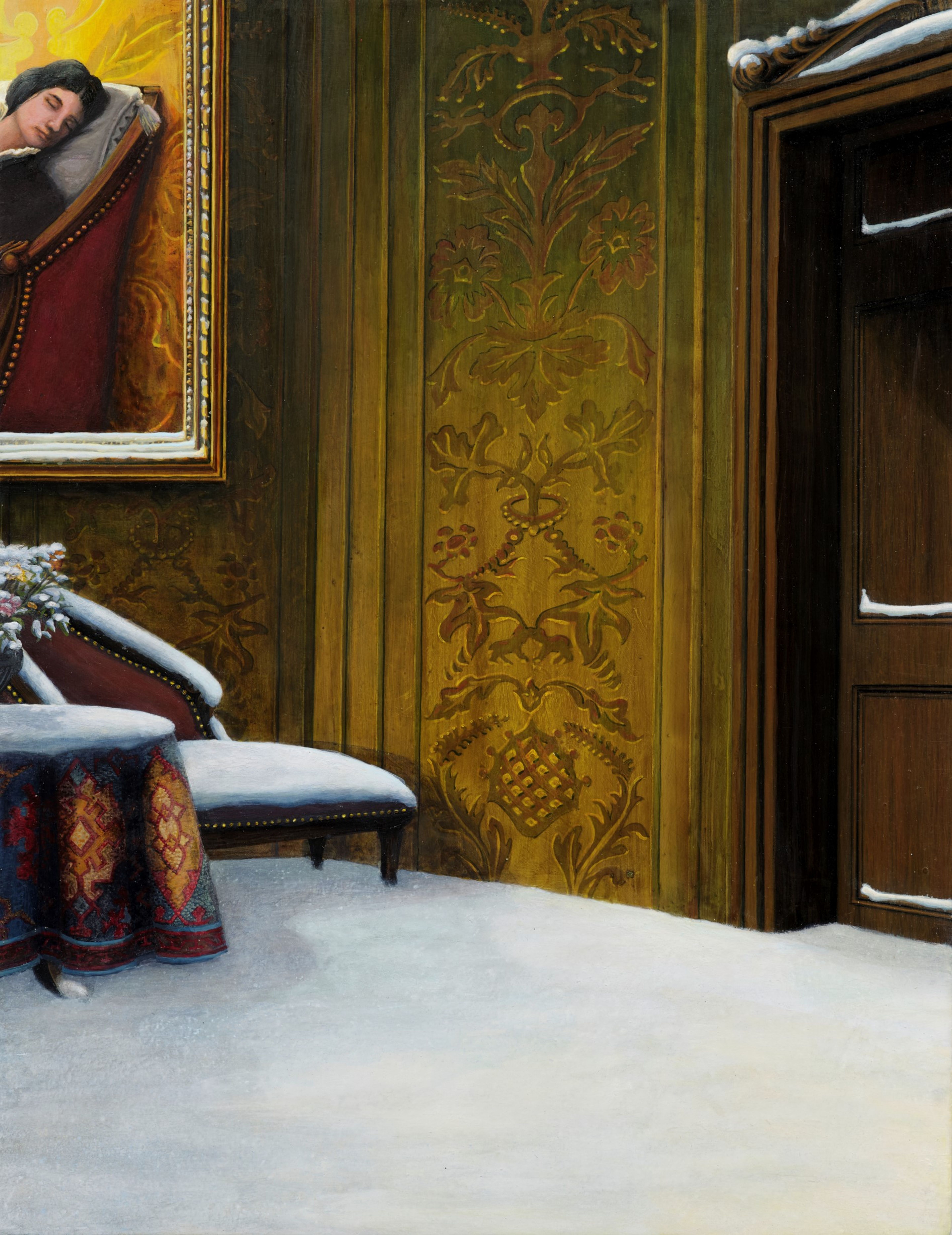 A richly decorated room with a painting, a table and snow on the floor.