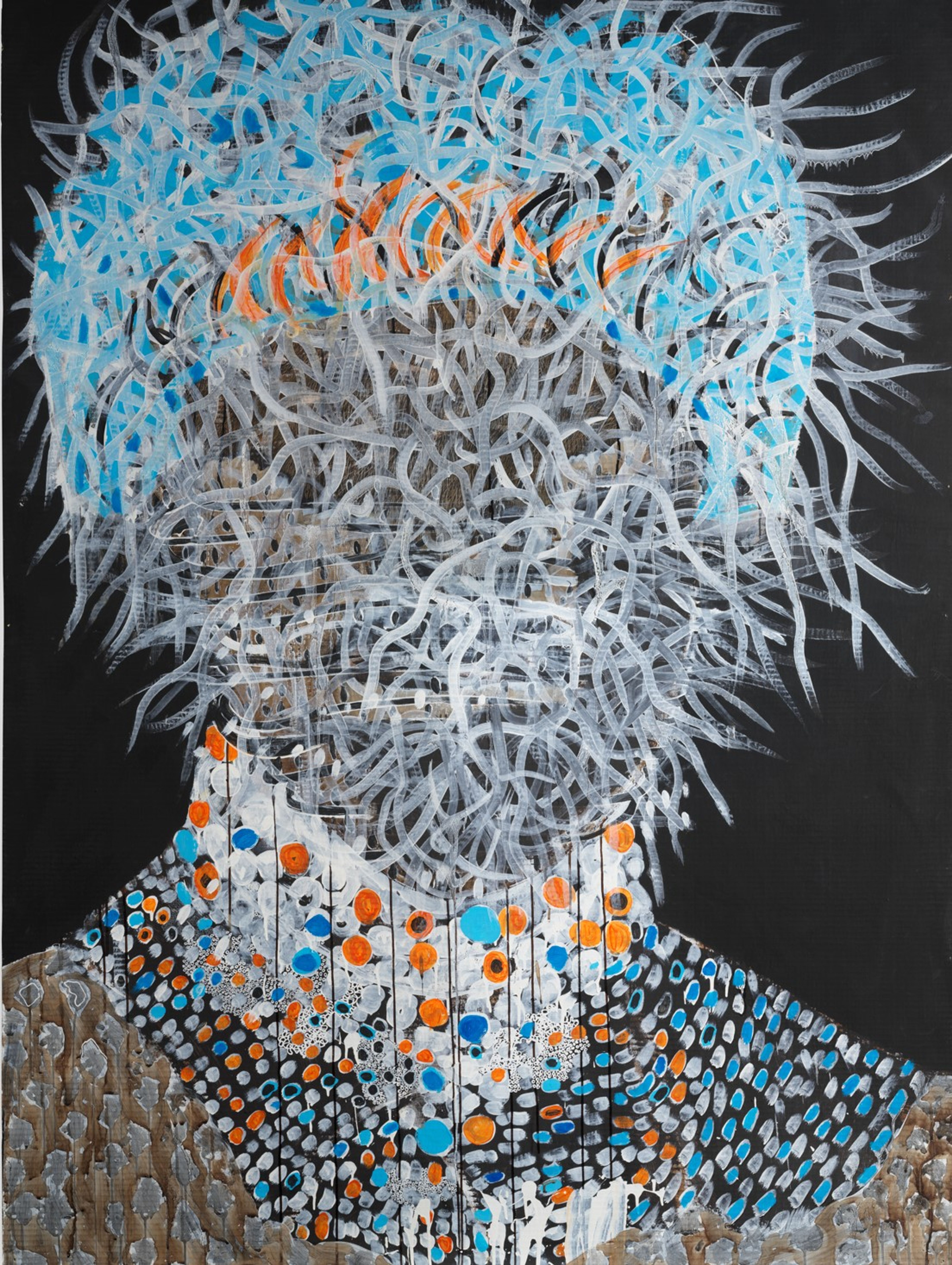 Abstract figure on a black background with light blue lines and colourful dots.