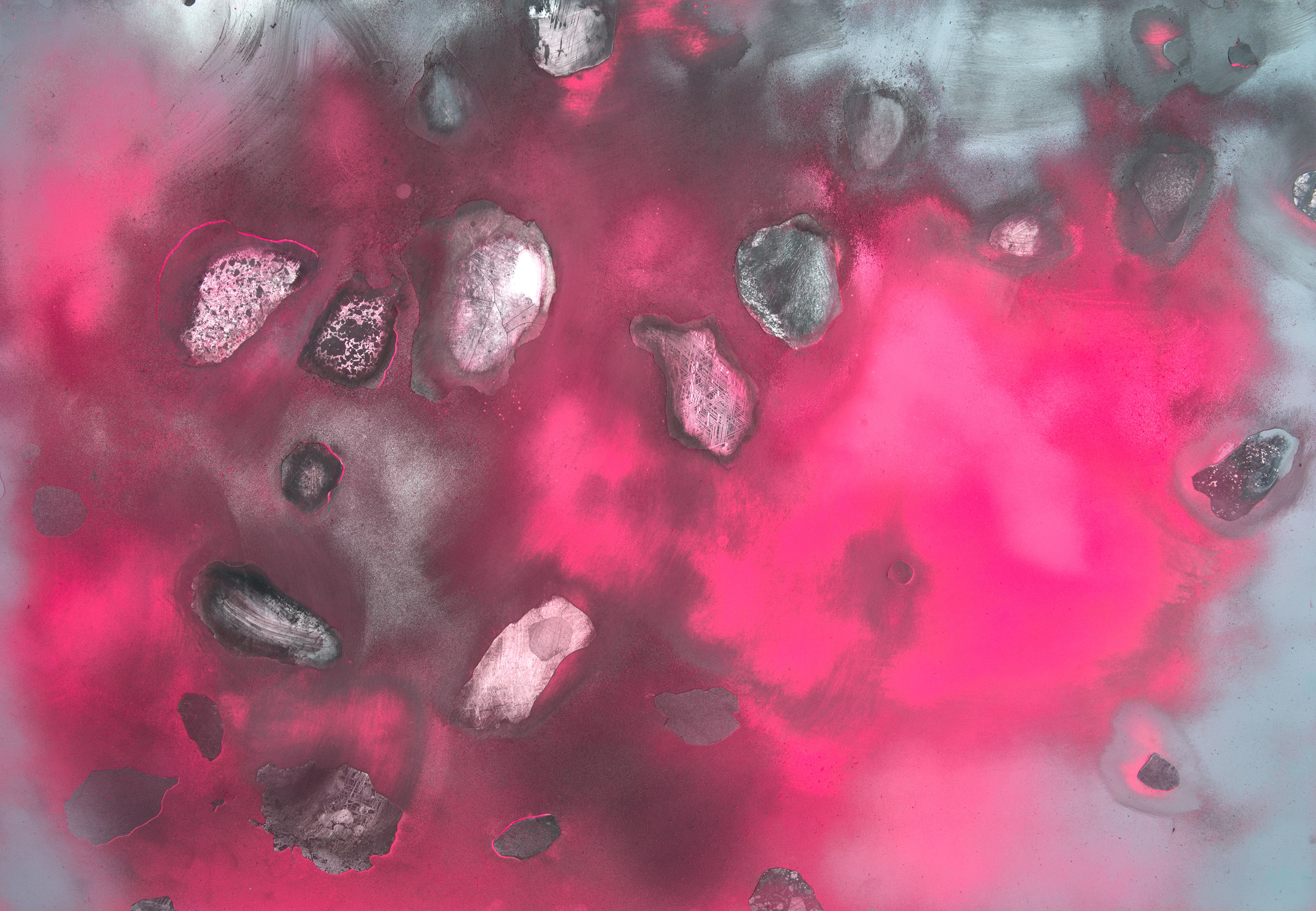 Abstract work of art with pink and grey areas and irregular shapes.