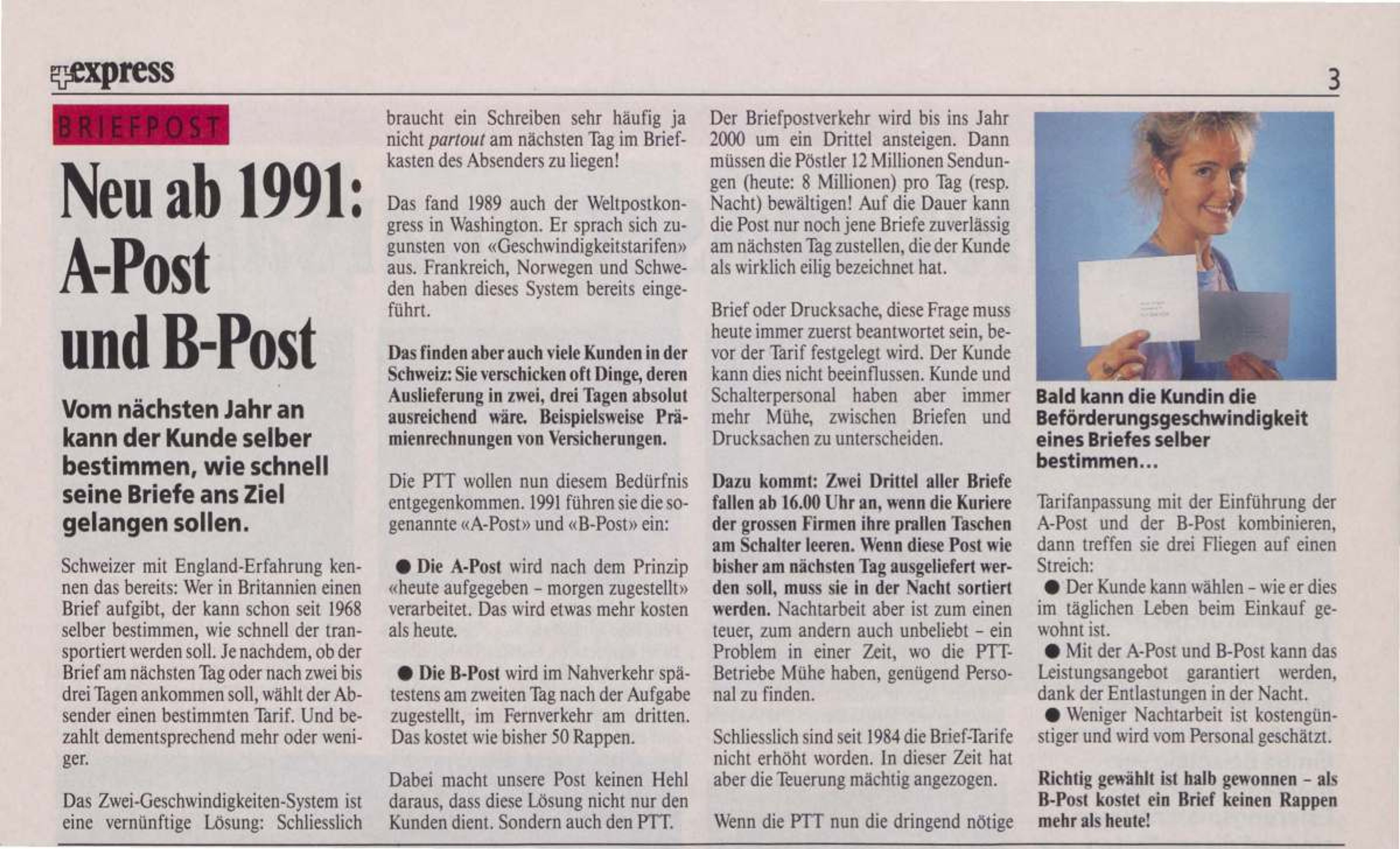 Zeitungsausschnitt aus dem PTT-Express von 1990 mit dem Titel ‚Neu ab 1991: A-Post und B-Post‘. Der Artikel erklärt die Einführung von zwei Beförderungsgeschwindigkeiten für Briefe in der Schweiz. Rechts ein Foto einer Hand, die einen Brief hält.