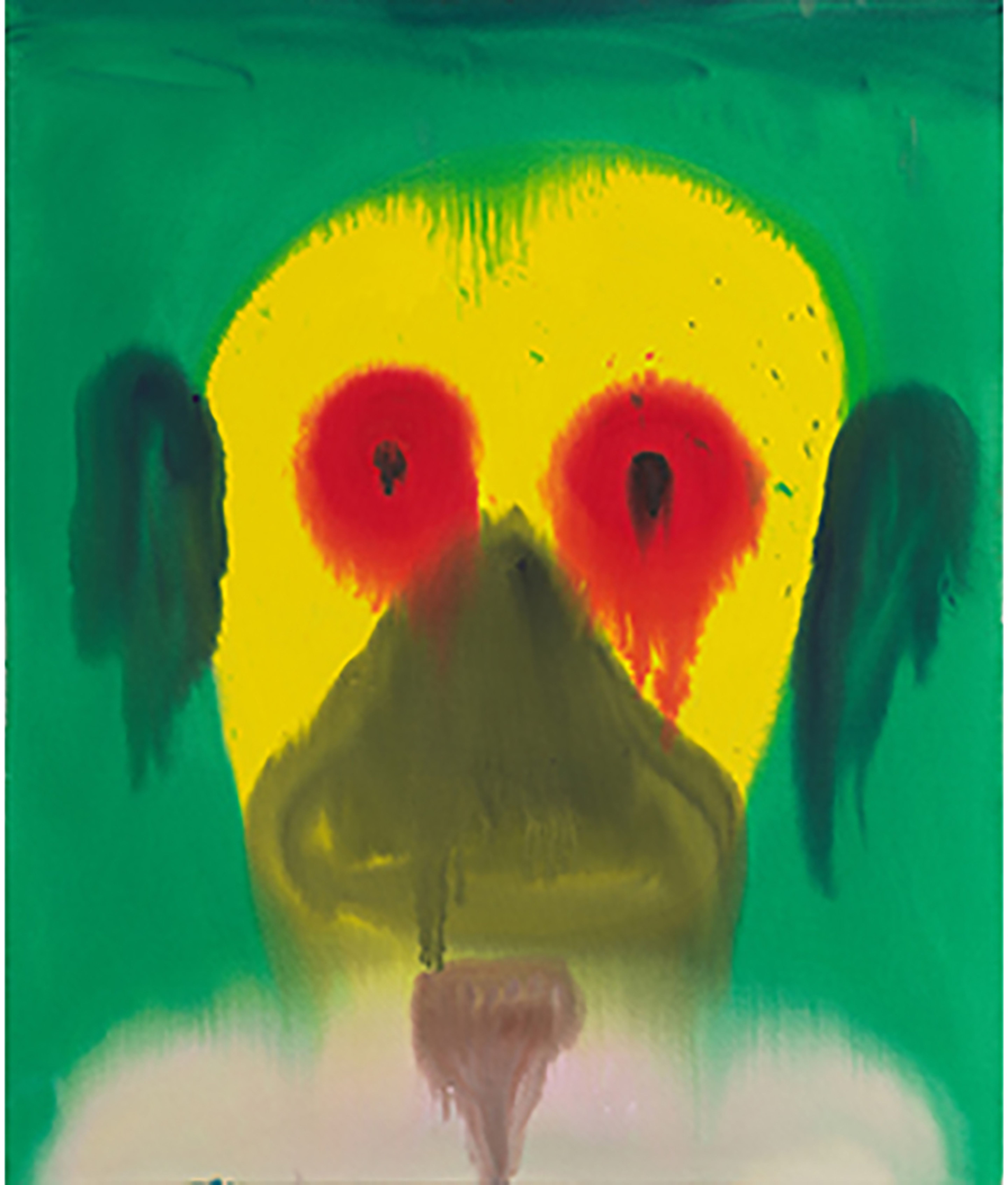 Abstract facial depiction in shades of green and yellow with red eyes on an unstructured green background.