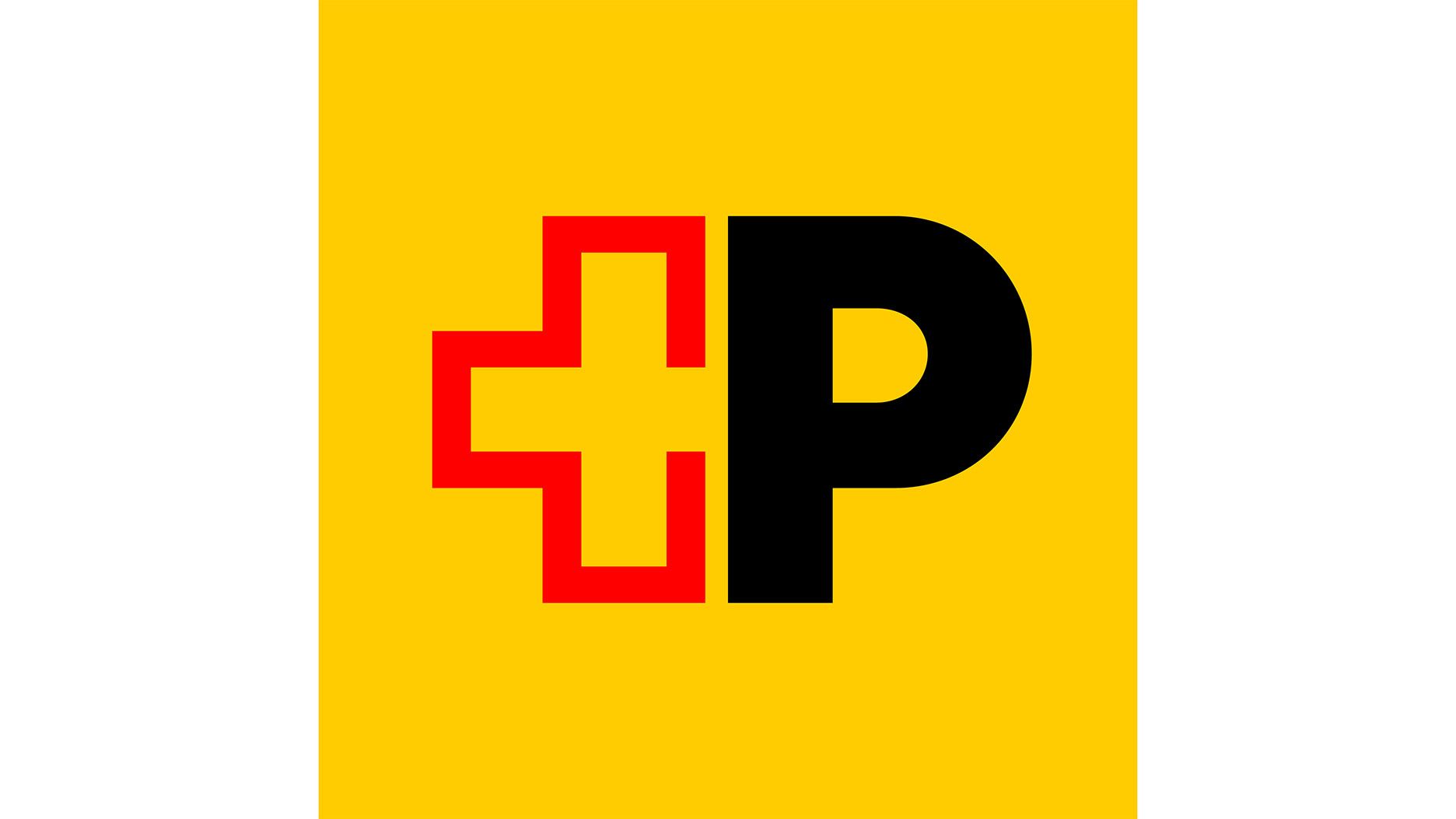 Ein gelber Hintergrund zeigt ein stilisiertes Logo, bestehend aus einem roten, kantigen Kreuzsymbol links und einem grossen schwarzen Buchstaben „P“ rechts. Beide Elemente stehen direkt nebeneinander und bilden eine kompakte grafische Einheit.