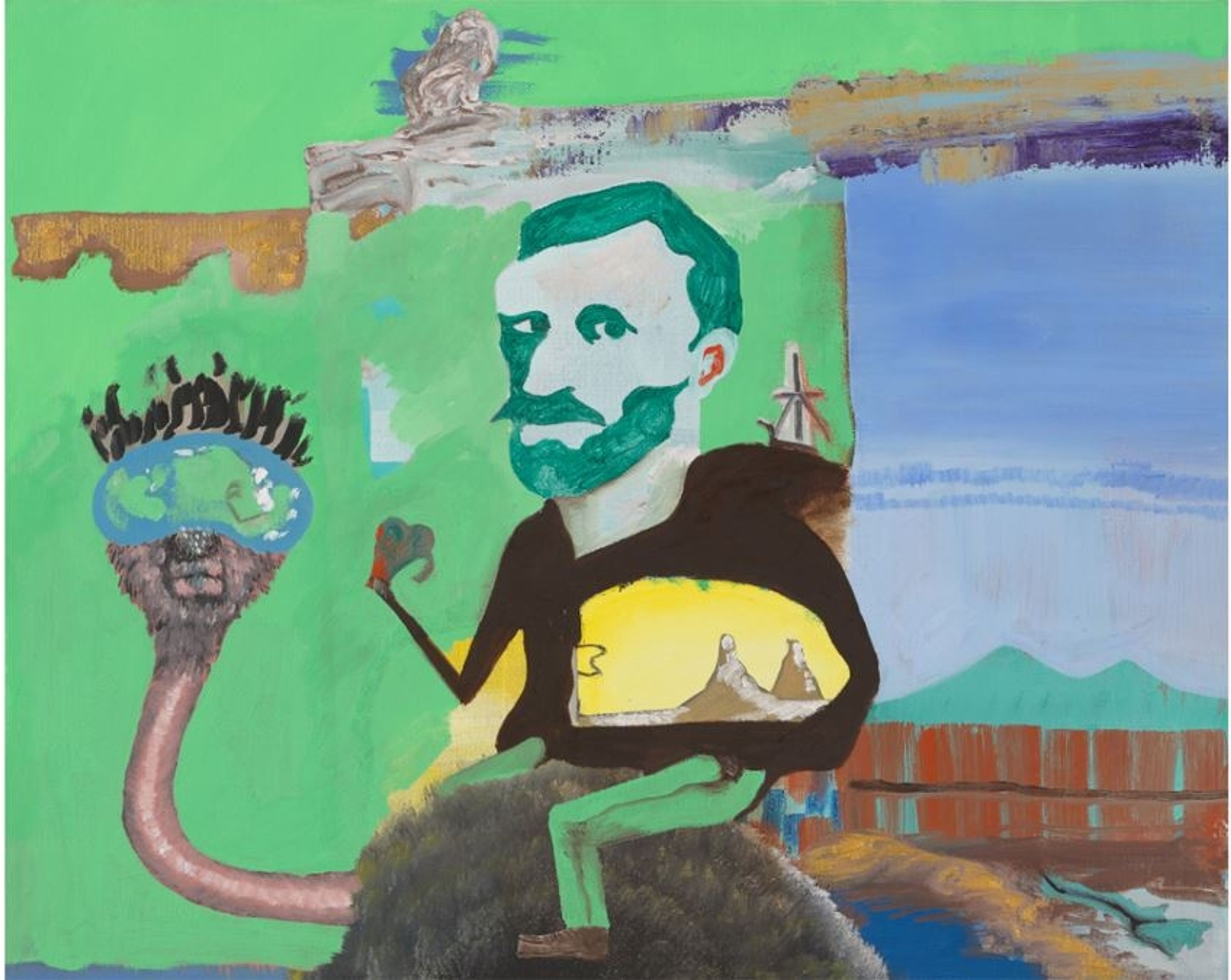 Surrealistisches Porträt mit grünen und blauen Akzenten sowie ungewöhnlichen Objekten im Hintergrund.