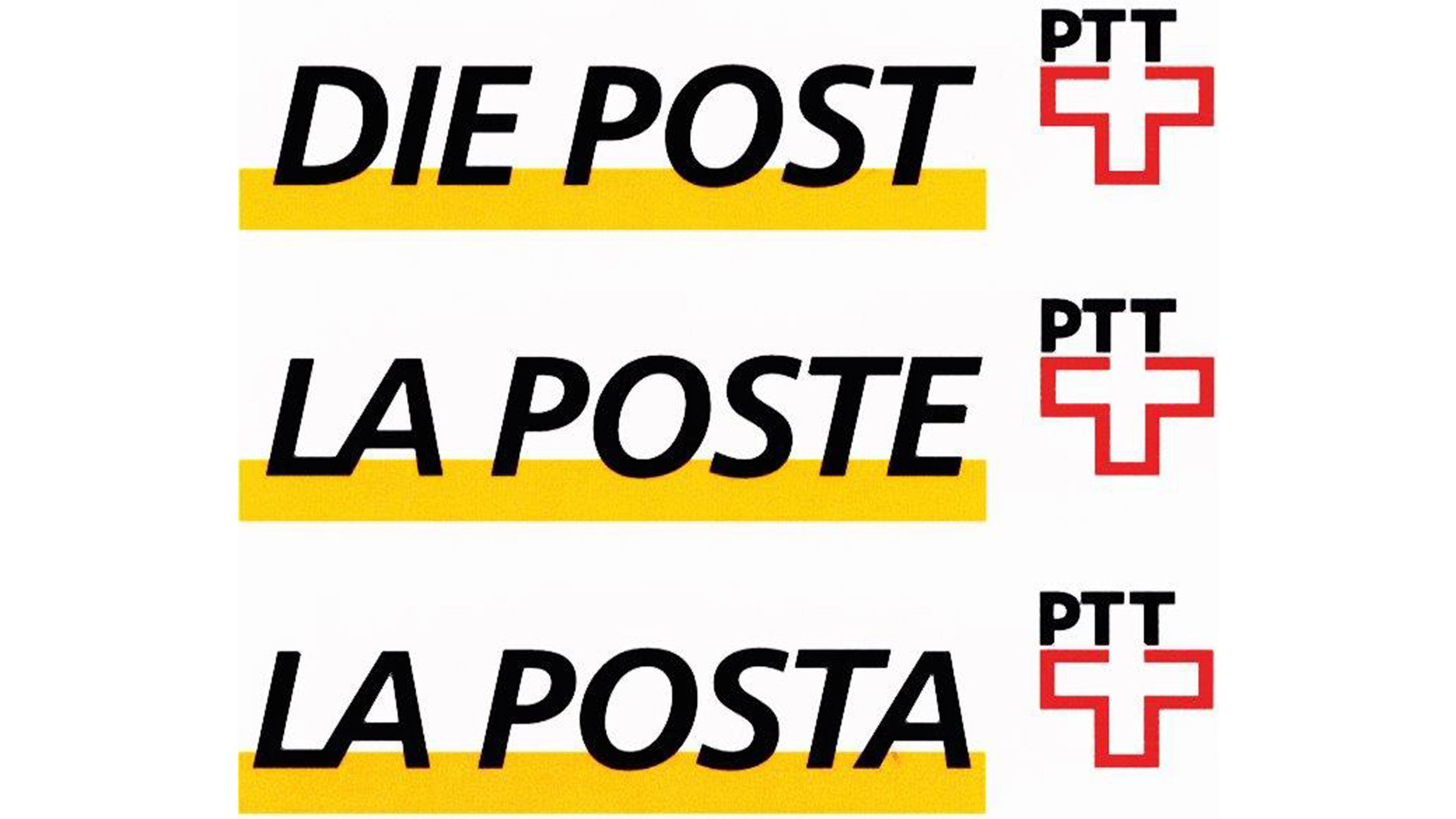 Das Bild zeigt drei horizontale Schriftzüge: „DIE POST“, „LA POSTE“ und „LA POSTA“, jeweils in schwarzer Schrift mit einem gelben Unterstrich. Rechts daneben befindet sich dreimal ein rotes kantiges Kreuzsymbol mit dem schwarzen Schriftzug „PTT“ darüber. Der Hintergrund ist weiss.