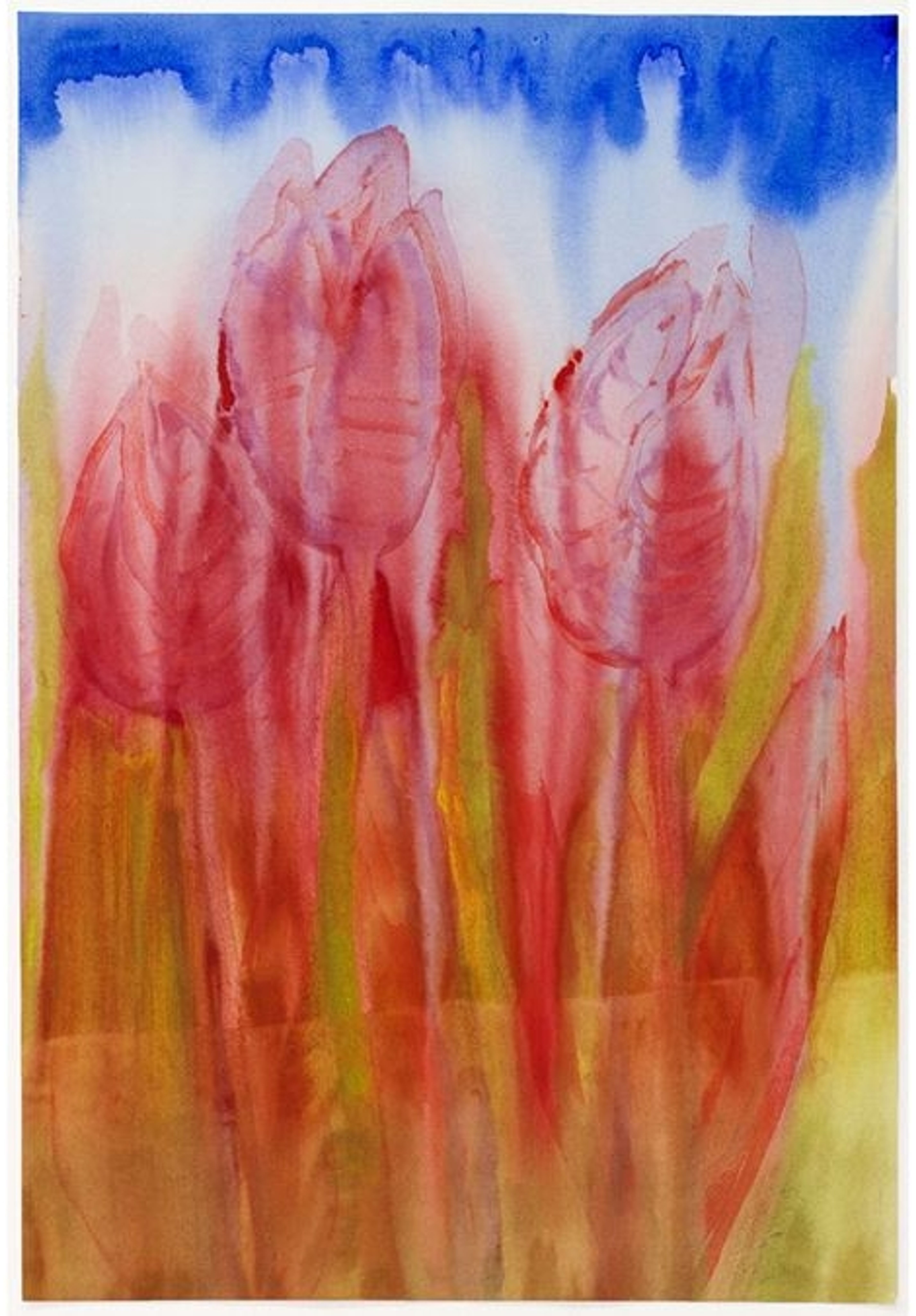 Ein abstraktes Aquarell mit dominanten Rottönen und blauen, weißen sowie gelben Akzenten.