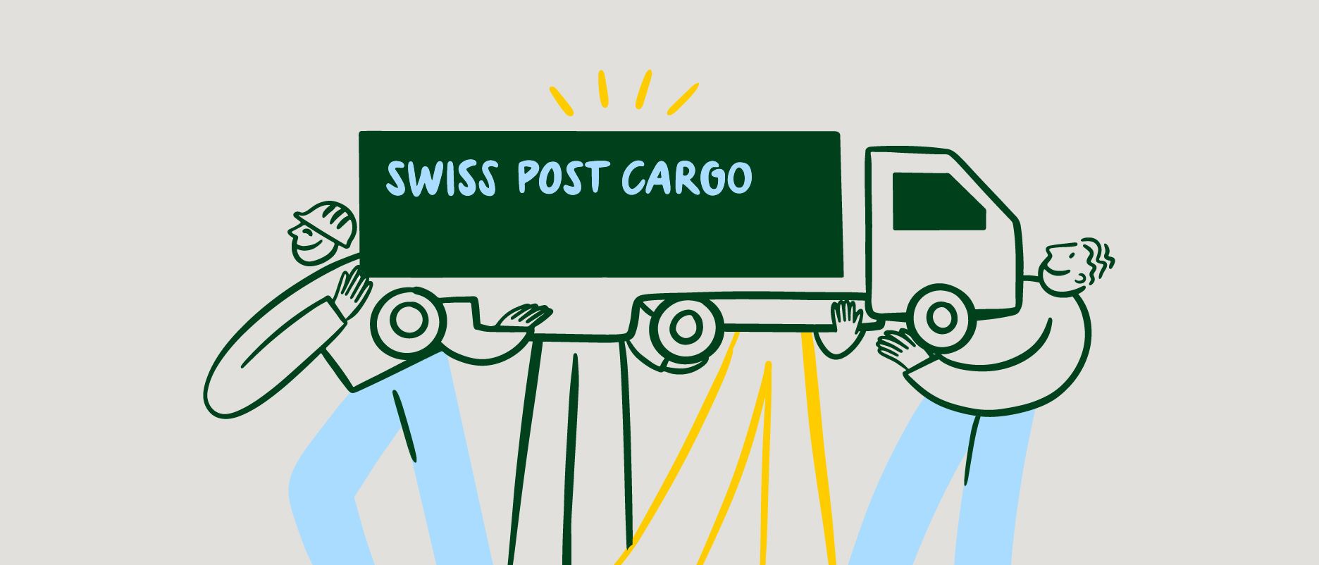 Illustration von drei Personen, die gemeinsam einen LKW mit der Aufschrift «Swiss Post Cargo» hochhalten.