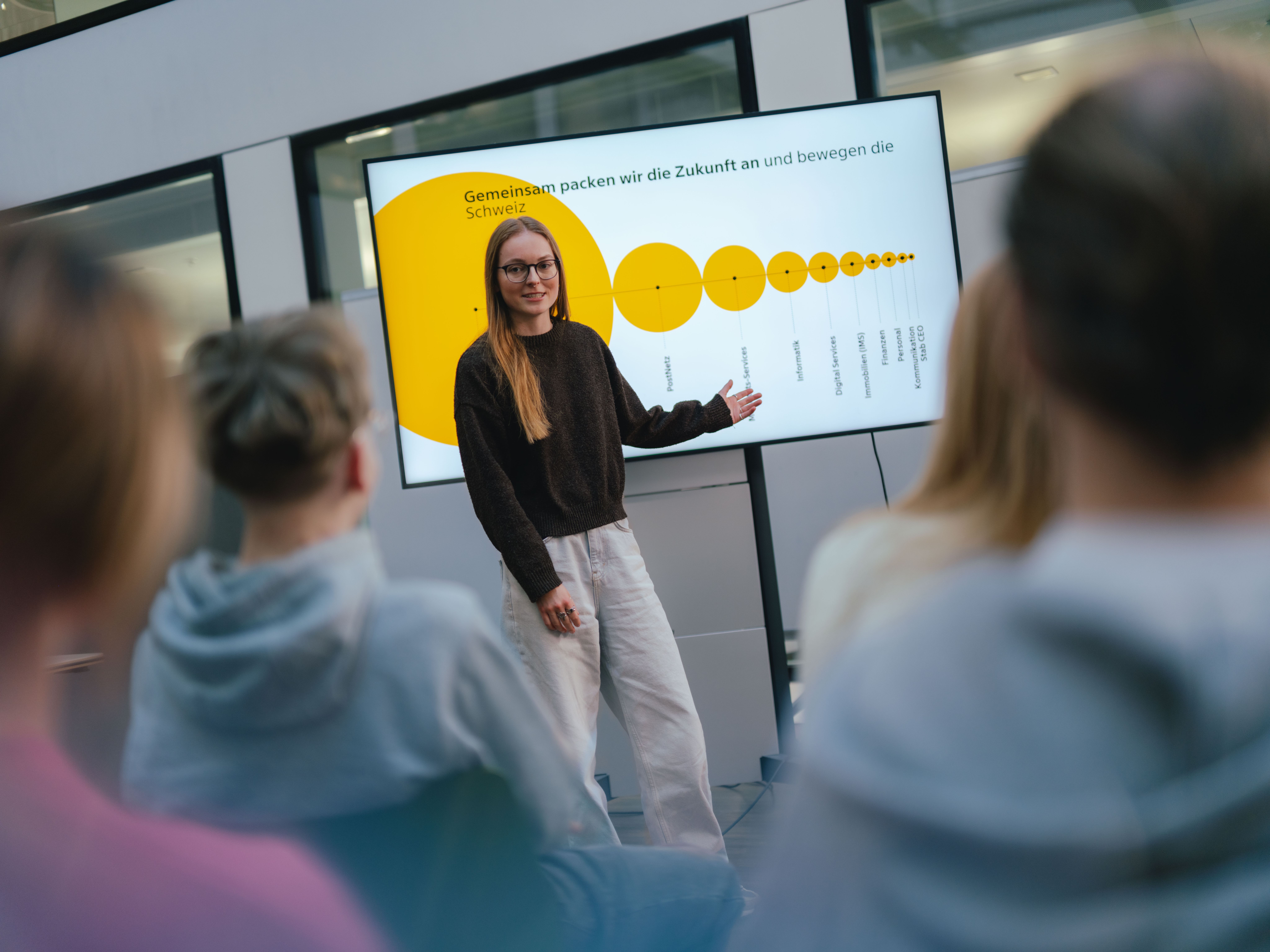 Eine Person steht vor einem grossen Bildschirm. Auf dem Bildschirm ist eine gelbe Grafik mit unterschiedlich grossen Kreisen zu sehen, verbunden in einer Linie. Vor der stehenden Person sitzen mehrere weitere Personen und schauen in Richtung Präsentation. Der Raum wirkt wie ein moderner Besprechungs‑ oder Schulungsraum.